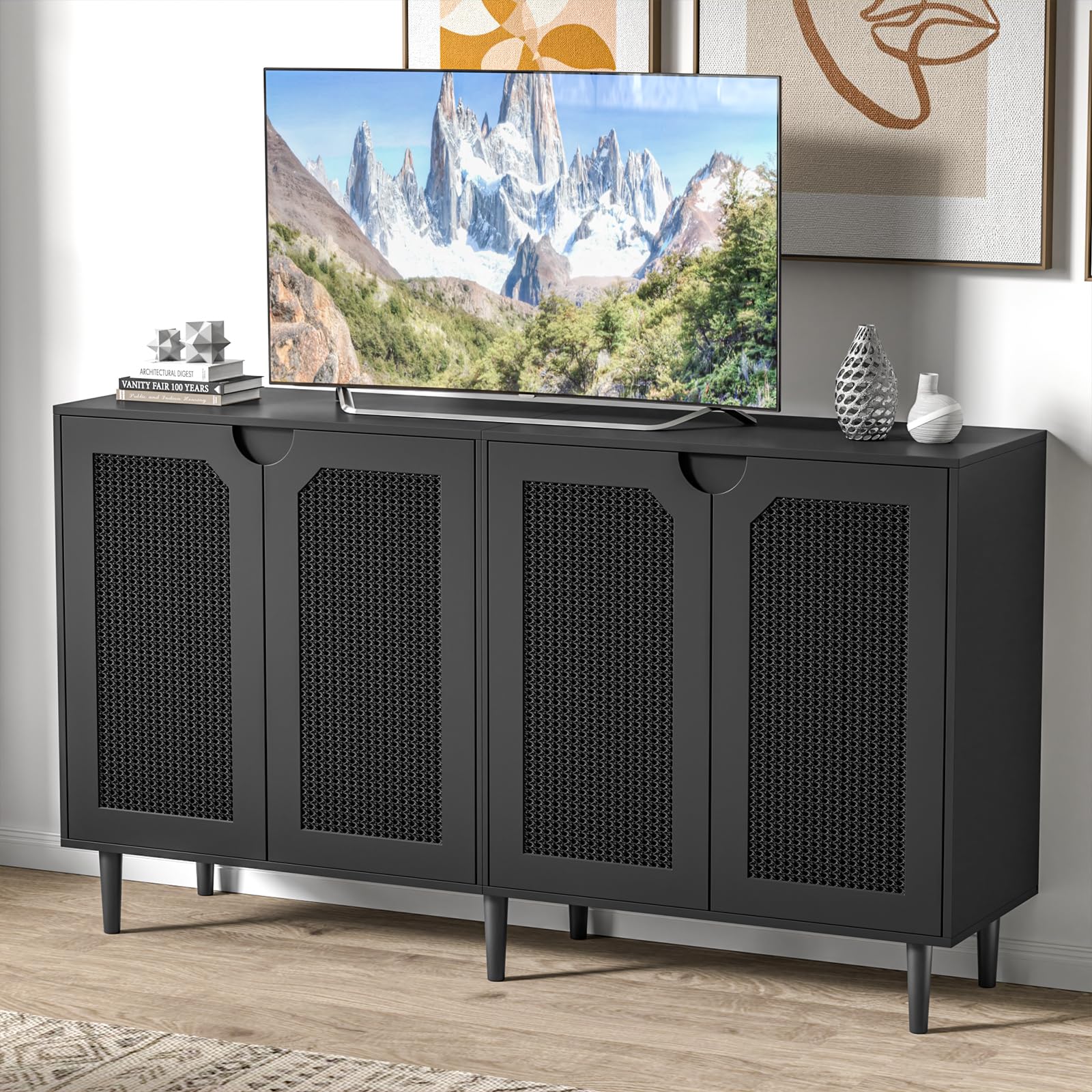 Skokliz 63" Rattan Sideboard Buffet Cabinet with 4 Doors, Wood Large Kitchen Storage Cabinet Black Accent Cabinet with Adjustable Shelf Credenzas for