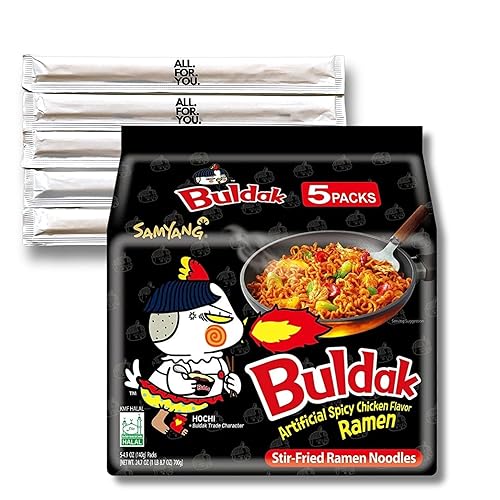 Buldak Ramen Original coreano picante picante fideos salteados de pollo salteado con 5 palillos de la marca ALL.FOR.YOU. (paquete de 5) Buldak Ramen Original coreano picante picante fideos salteados de pollo salteado con 5 palillos de la marca ALL.FOR.YOU. (paquete de 5)