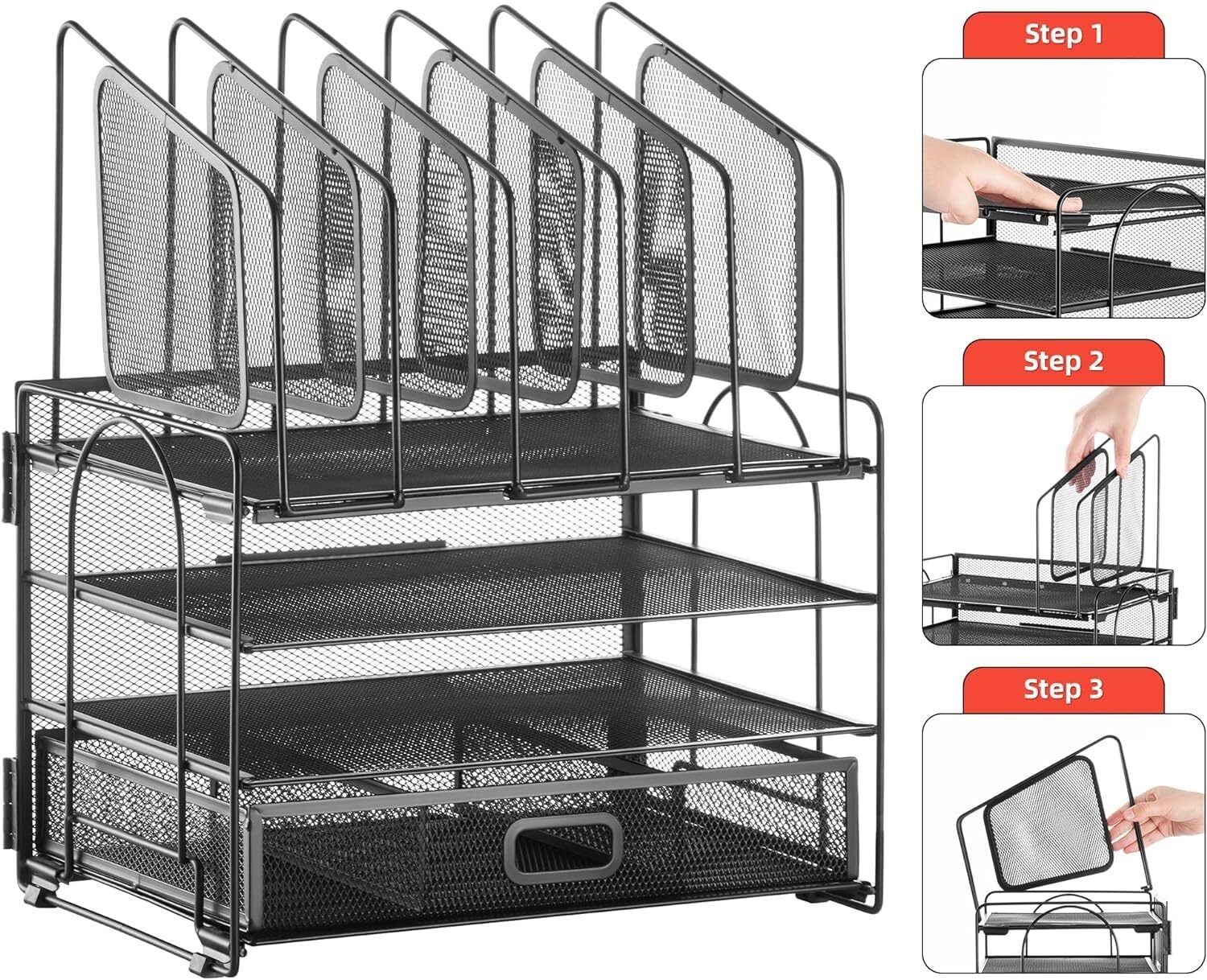 Organizzatore Scrivania Organizer da Scrivania con Cassetto in Rete A 4 Livelli 5 Portadocumenti Verticali E 2 Portapenne, Multifunzione Ufficio(A)