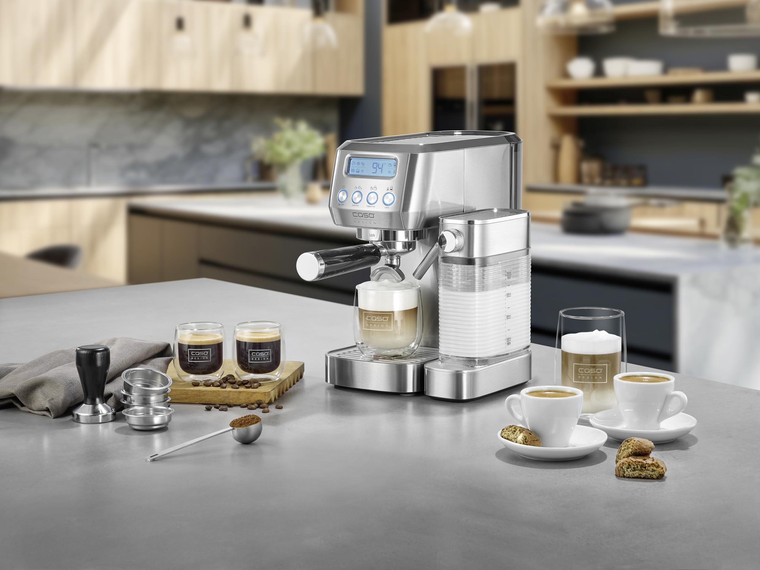 CASO Espresso Gourmet Latte - Juicio test muy bien, cafetera con depósito de leche integrado, bomba ULKA 20 bar, placa calefactora para tazas, 1 o 2 tazas, plata, acero inoxidable