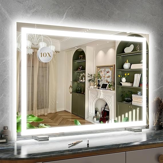 32x 22 Inch Large Lighted Vanity Mirror with Dimmable 3 Modes, LED Makeup Mirror for Bathroom & Dressing Room, Tabletop or Wall-Mounted, White