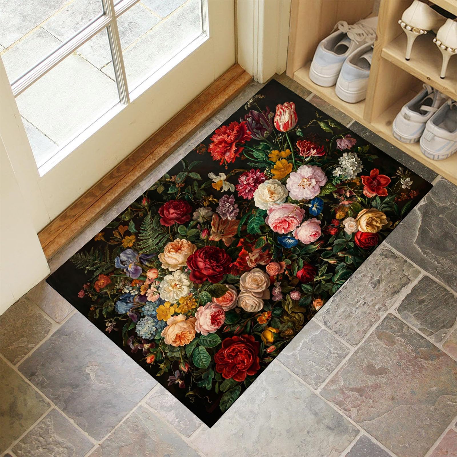 Felpudo Ultrafino Para Interiores, 80X120Cm, Pintura Clásica Al Óleo De Flores Alfombra Antideslizante Lavable Para Entrada, Botánica Gótica Felpudo De Perfil Bajo, Atrapa Suciedad, Rojo Oscuro