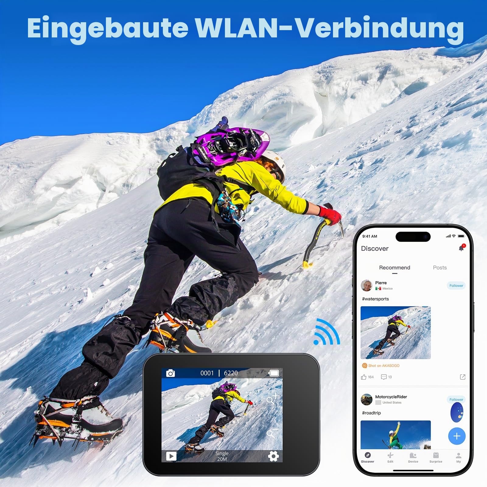 AKASO Action Cam 4K30FPS Unterwasserkamera WiFi 40M EIS Anti-Shake Action Kamera 4X Zoom mit Touchscreen, Fernbedienung, Sportkamera Wasserdicht Gehäuse,Helmzubehör-Kit V50X