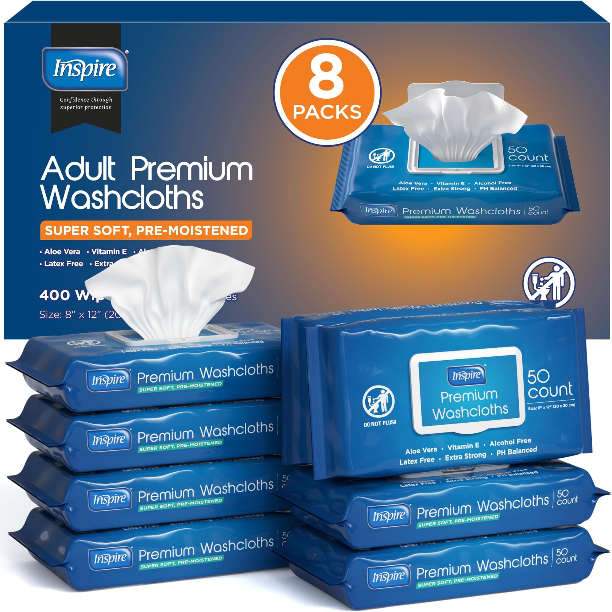 Inspire Adult Wet Wipes, Wash Cloths, Incontinence & Cleansing for Elderly Extra Large, 8"x12" (Pack of 8)