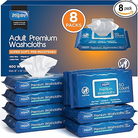 Inspire Adult Wet Wipes, Wash Cloths, Incontinence & Cleansing for Elderly Extra Large, 8"x12" (Pack of 8)