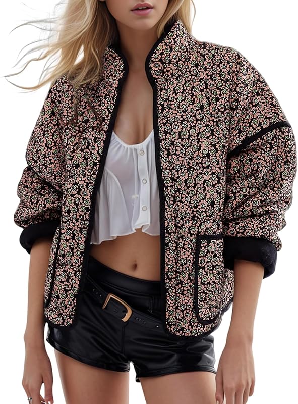 campera acolchada acolchada acolchada corta para mujer estampado vintage floral delantero abierto campera corta ligera ropa exterior