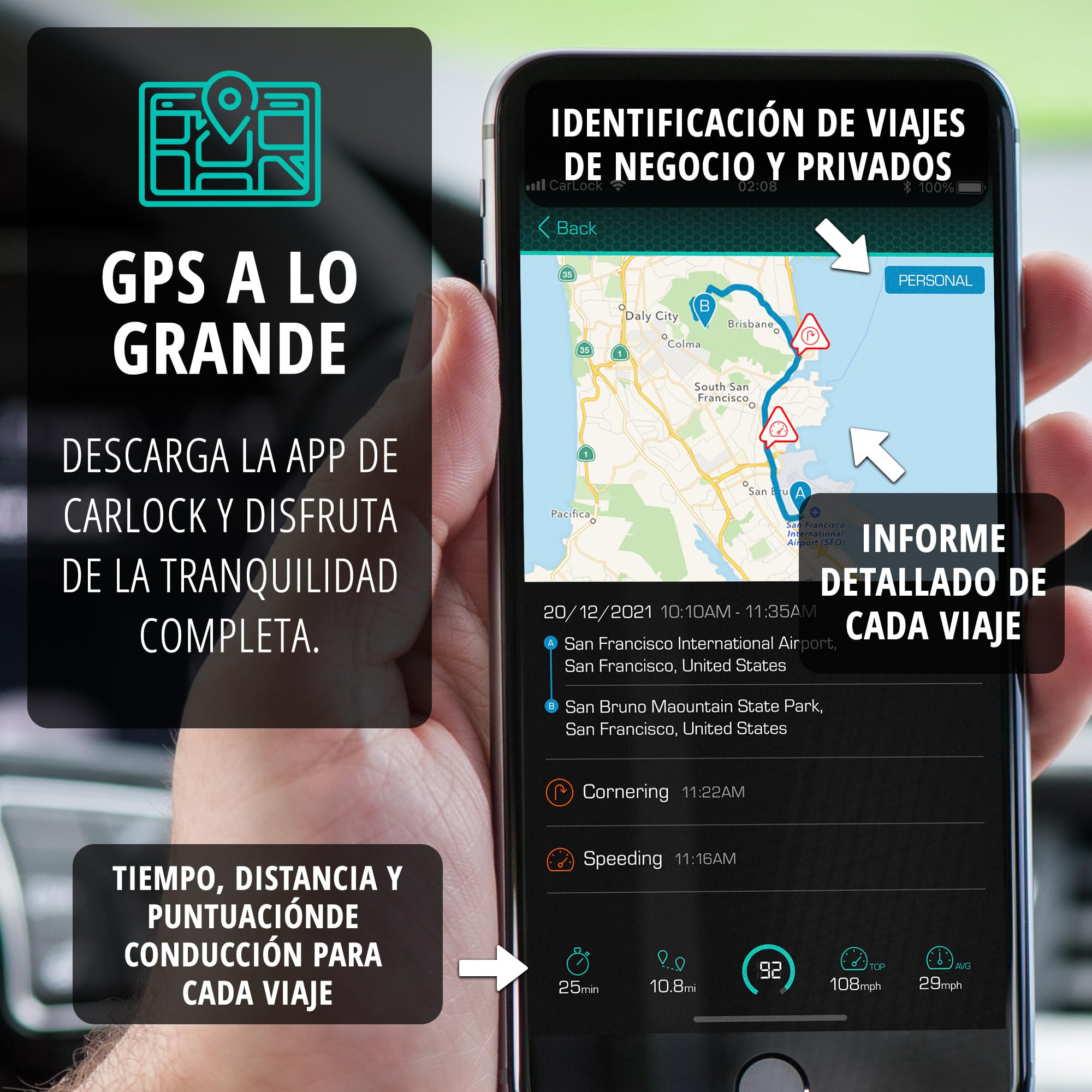 CARLOCK Basic GPS Coche Localizador, Alarma para Coche y Antirrobo Coche. Rastreador GPS en Tiempo Real, Notifica Inmediatamente Vibraciones o Movimientos Sospechosos. Seguridad Completa del Coche