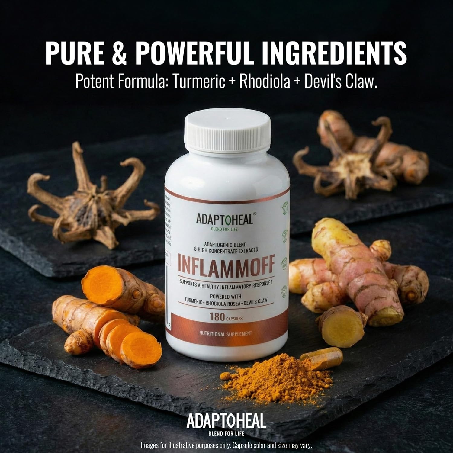 ADAPTOHEAL Inflammoff - Adaptogenic Supplement Designed to Support Joint, Muscle and Tissue Inflammation Naturally, 8 Highly Concentrated extracts with Turmeric and Rhodiola rosea (180 Capsules)