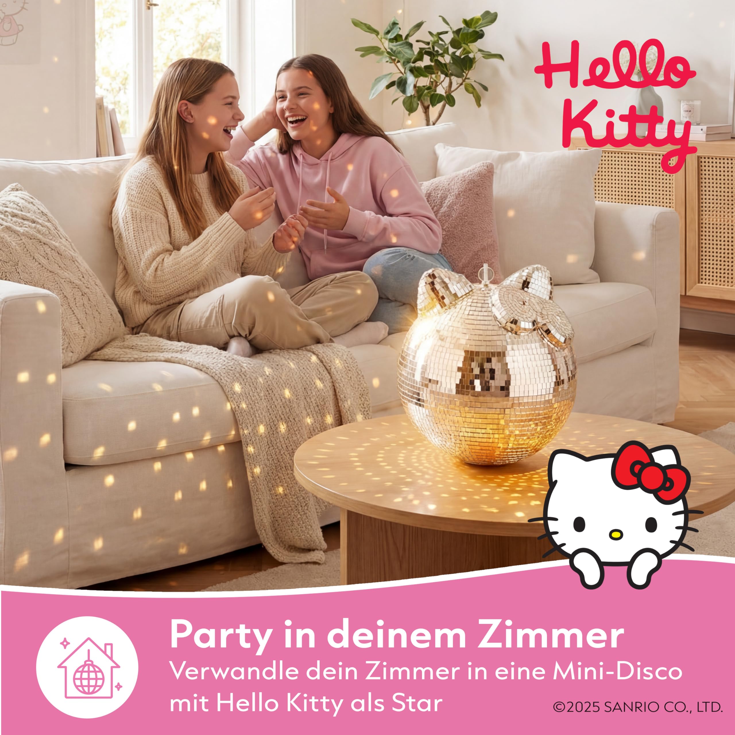 Hello Kitty Discokugel | Party Deko Kugel mit Spiegel Effekt | Disco Licht für Kinderzimmer und Geburtstag | 25x25x27CM | Mini Discokugel Deko für innen und außen