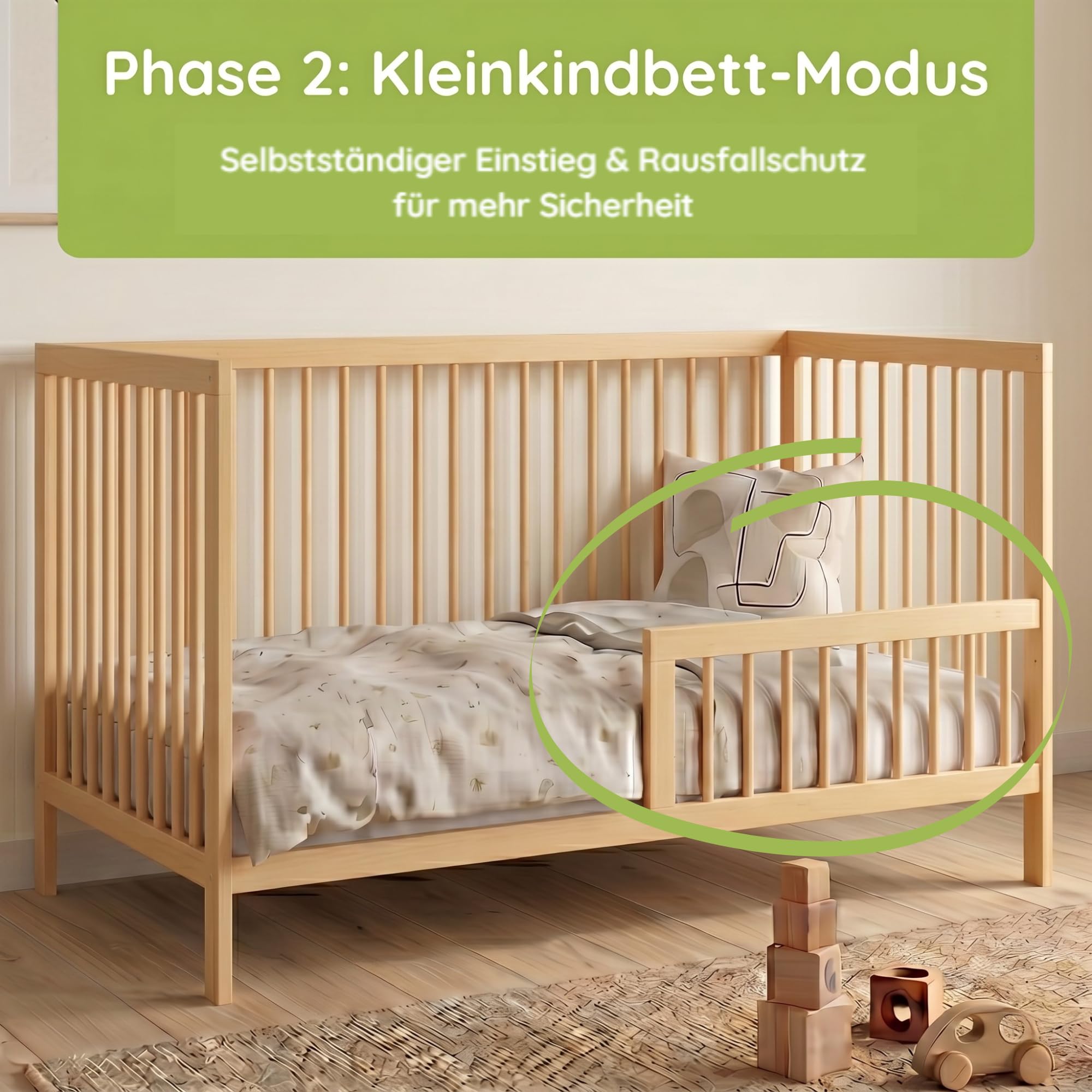 Kids Collective Babybett Kinderbett Gitterbett mit Rausfallschutz Baby Bett | stabiles Buchenholz | Juniorbett | Made in Europe | Kinderzimmer Jugendzimmer Möbel | 70x140 cm | Natur