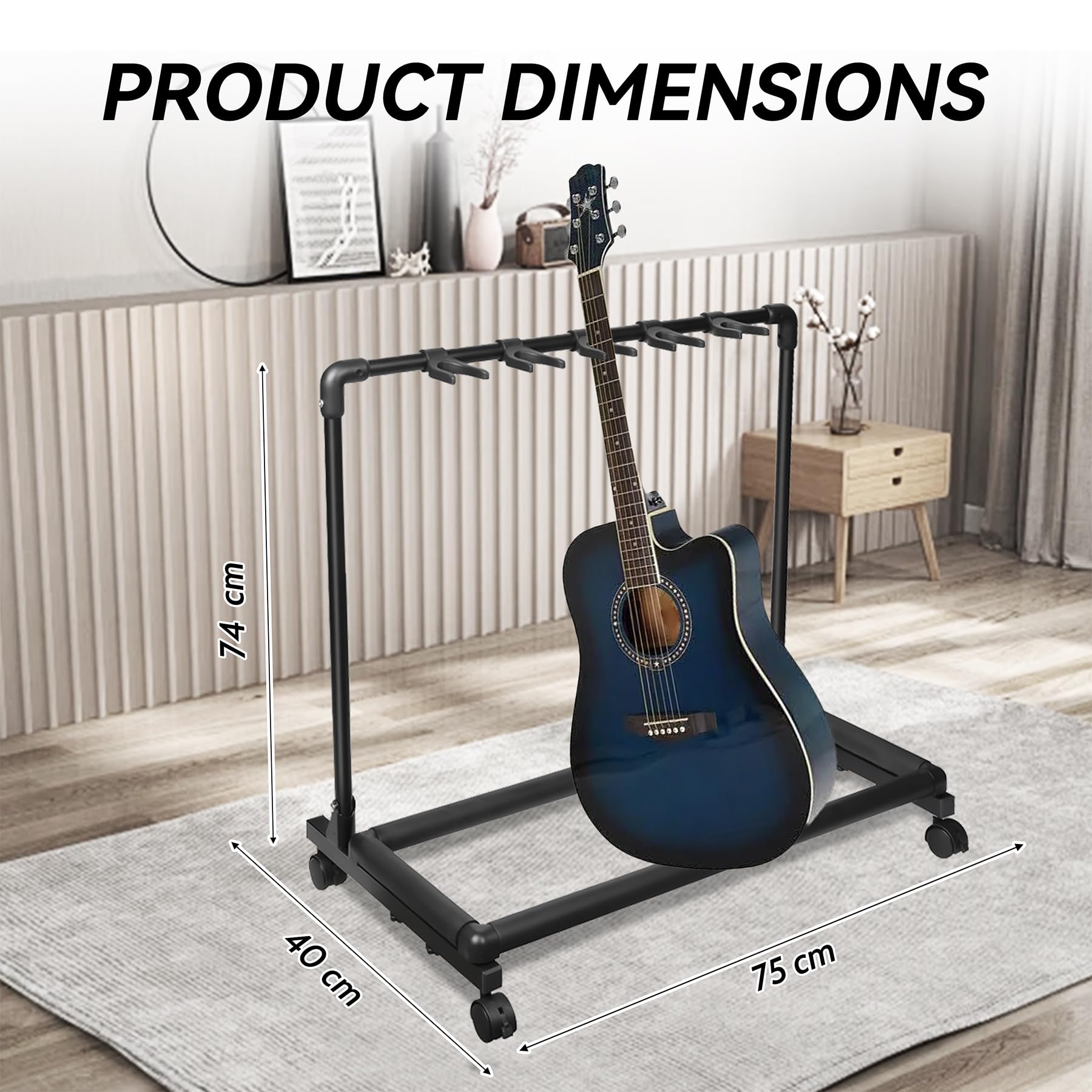 AZOR 5 Multi Gitarrenständer Rack mit Rollen, faltbarer Gitarrenhalter | Passend für akustische E-Gitarren, Bass, weicher gepolsterter Schwamm schützt Instrumente