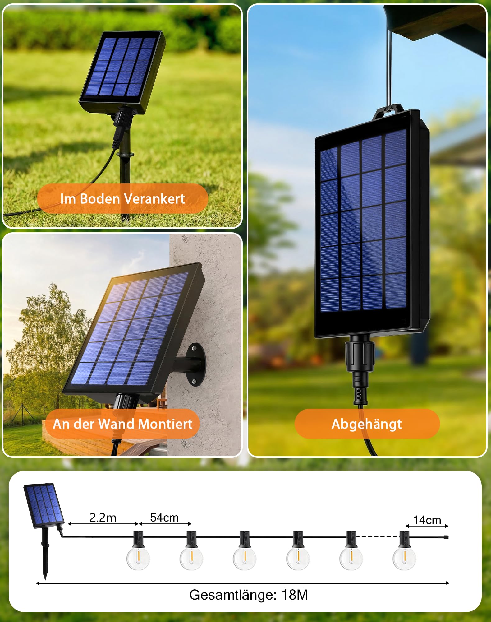Lichterkette Außen Solar 18M 30+4 LED Glühbirnen Lichterkette Outdoor mit 3600mAh Akku, IP44 Wasserdicht, 8 Modi, Fernbedienung &Timer, Solarlichterkette für Garten, Balkon, Terrasse, Hochzeit