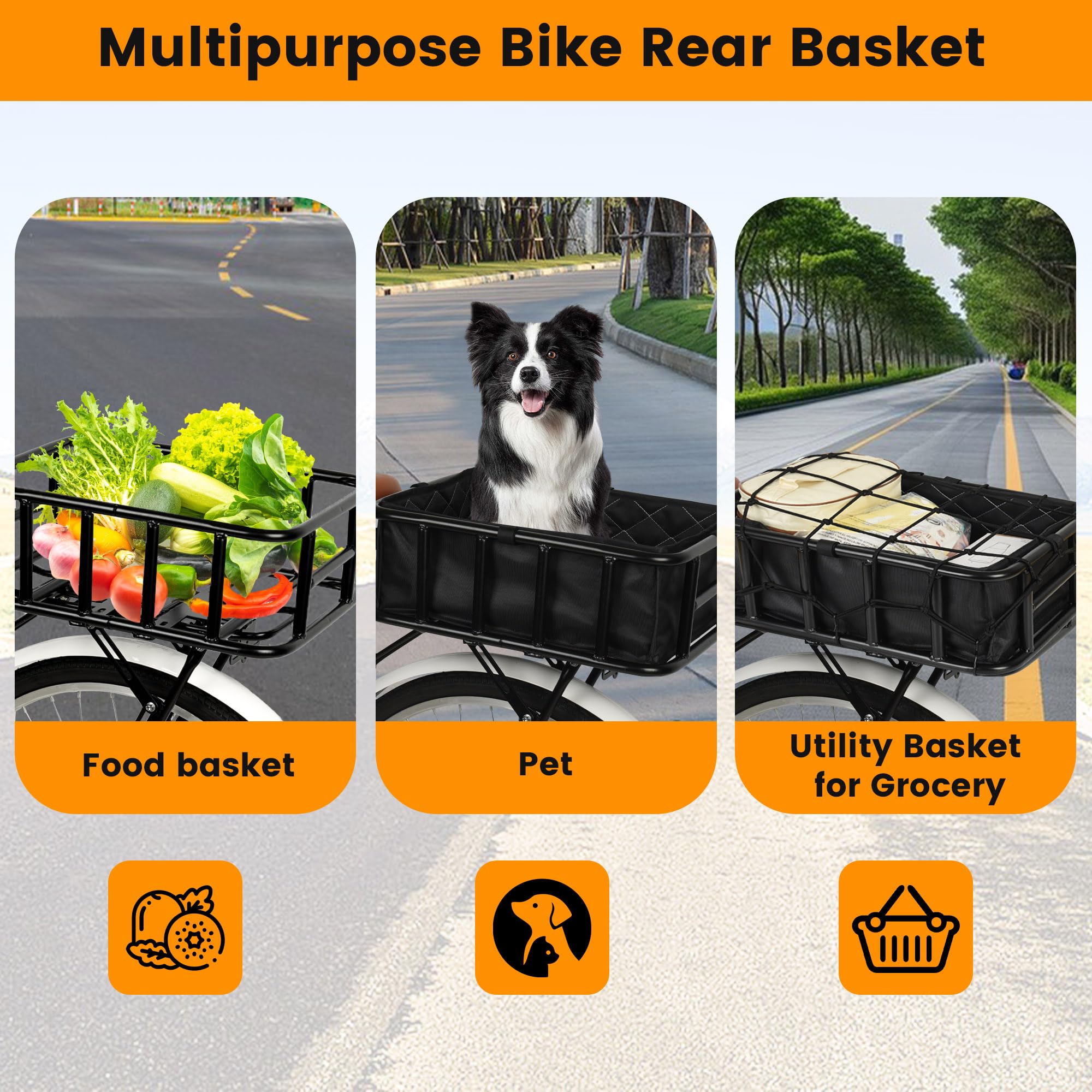 Grand panier arrière de vélo avec filet de cargaison, doublure et housse imperméable pour vélo électrique, vélo électrique et vélos, grande capacité