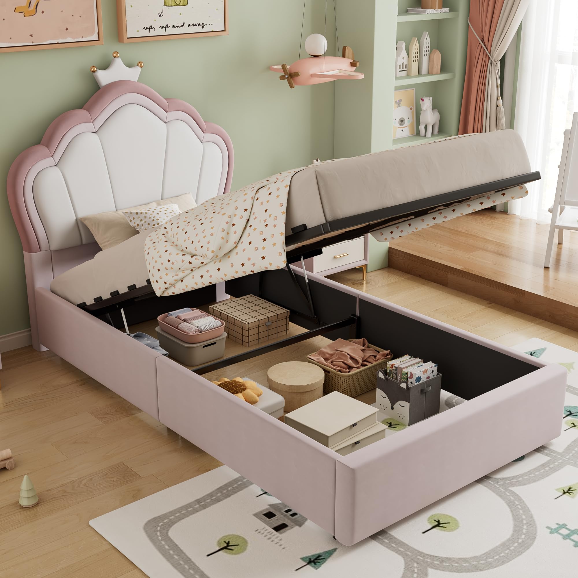 Merax Single Ottoman bed frame, 3ft Upholstered Single Kids Bed, with Elegant Crown Design, Durable and Sturdy, No Mattress, Pink+Velvet/90x190 cm — image 1