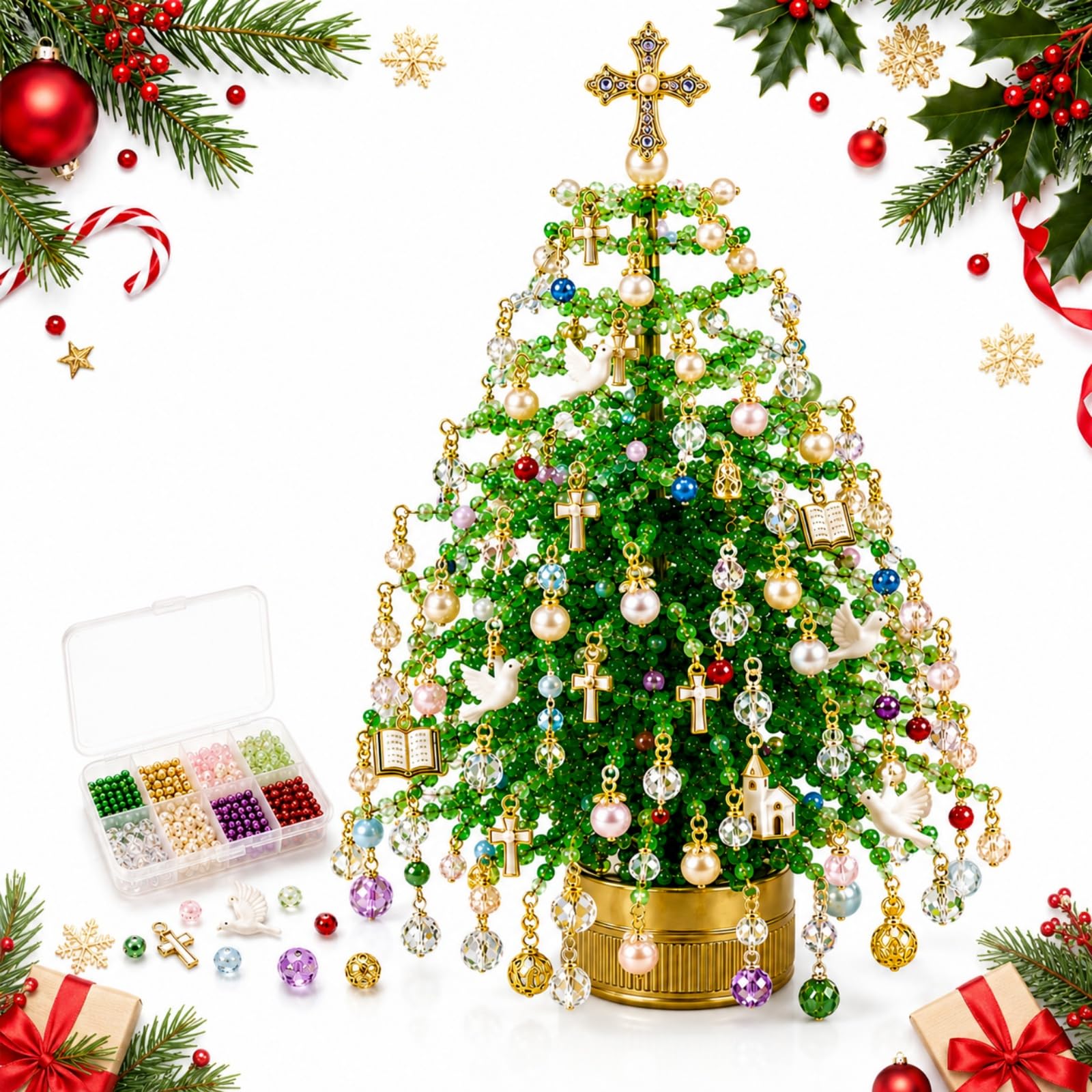 DIY Beaded Christmas Tree Kit with LED Light, Beginner Friendly (Christmas*B)