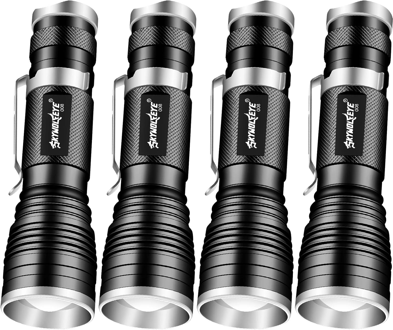 Skywolfeye 4 Pack Led Flashlights High Lumens Rechargeable Zoomable 3 Modes Small Flashlights