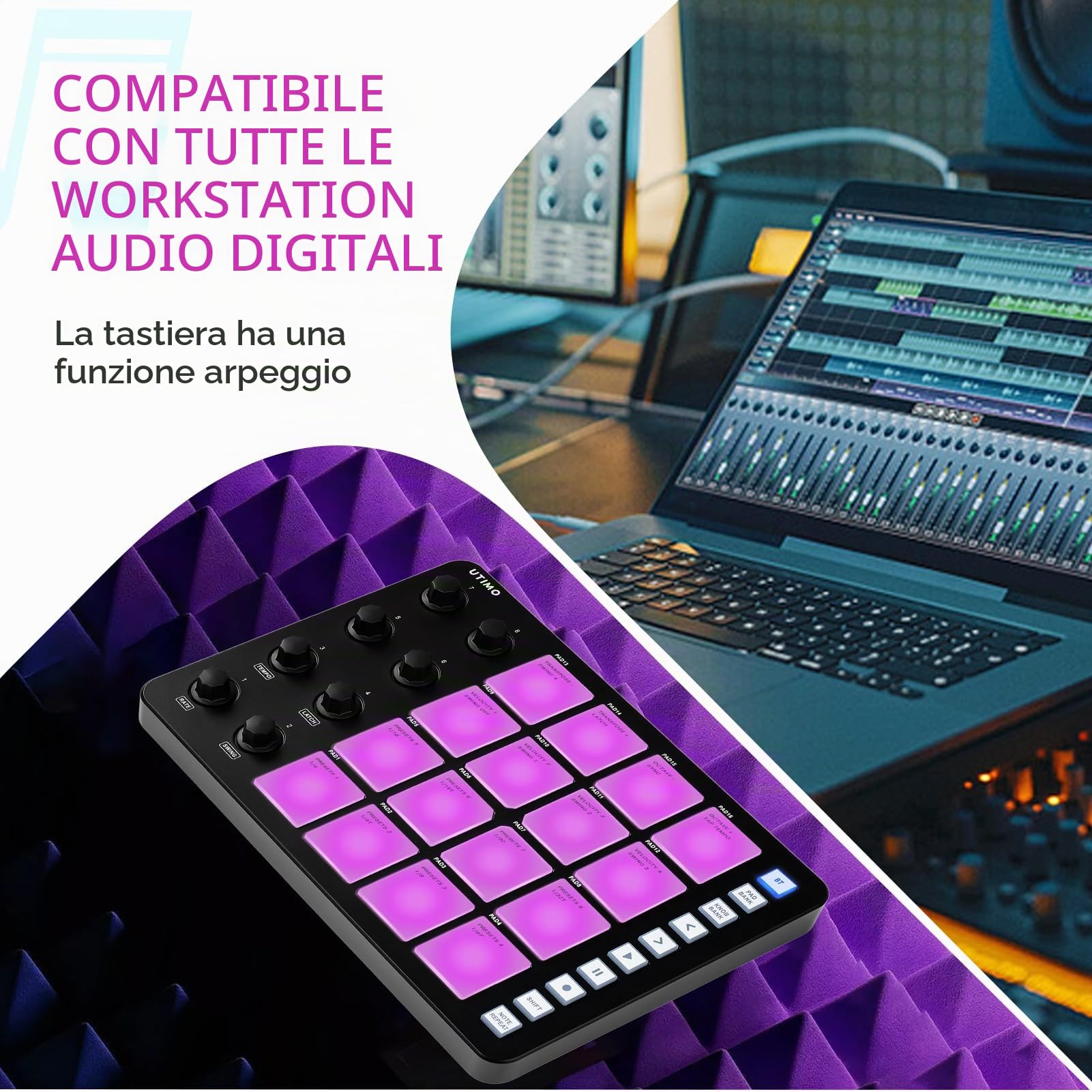 Controller Midi Pad, UTIMO SMC-Pad Drum Pad Mbeat acchina 16 Drum Tasti Retroilluminazione RGB Pad Tastiera Musica Elettronica Bassa Latenza Connessione Bluetooth Batteria Integrata Nero