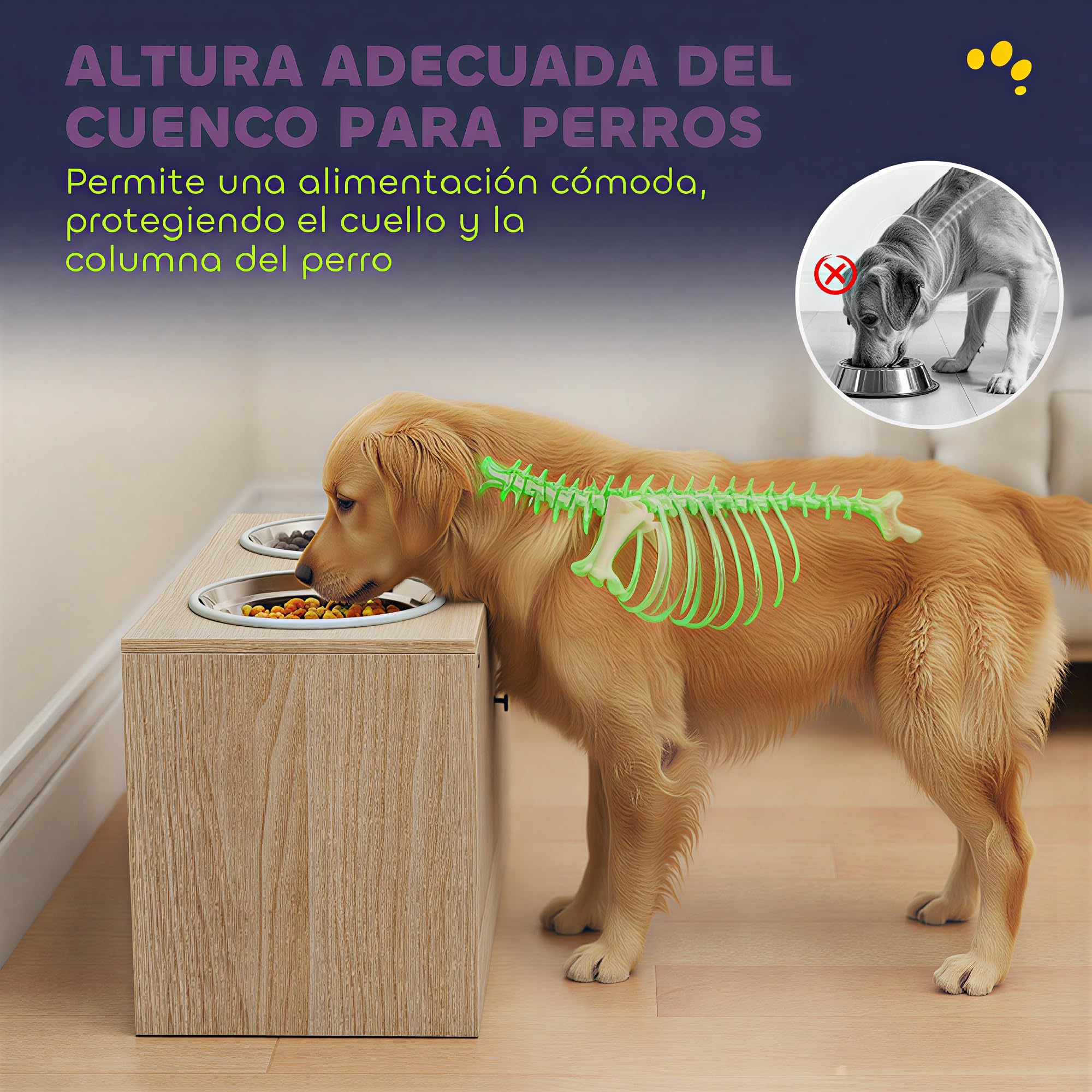 PawHut Comedero Perro Elevado con 2 Cuencos de Acero Inoxidable 2x2000 ml Comedero Lento para Perros Grandes con 2 Puertas, Almacenamiento Oculto, Anillos Antideslizantes, Cuencos Elevados, Roble