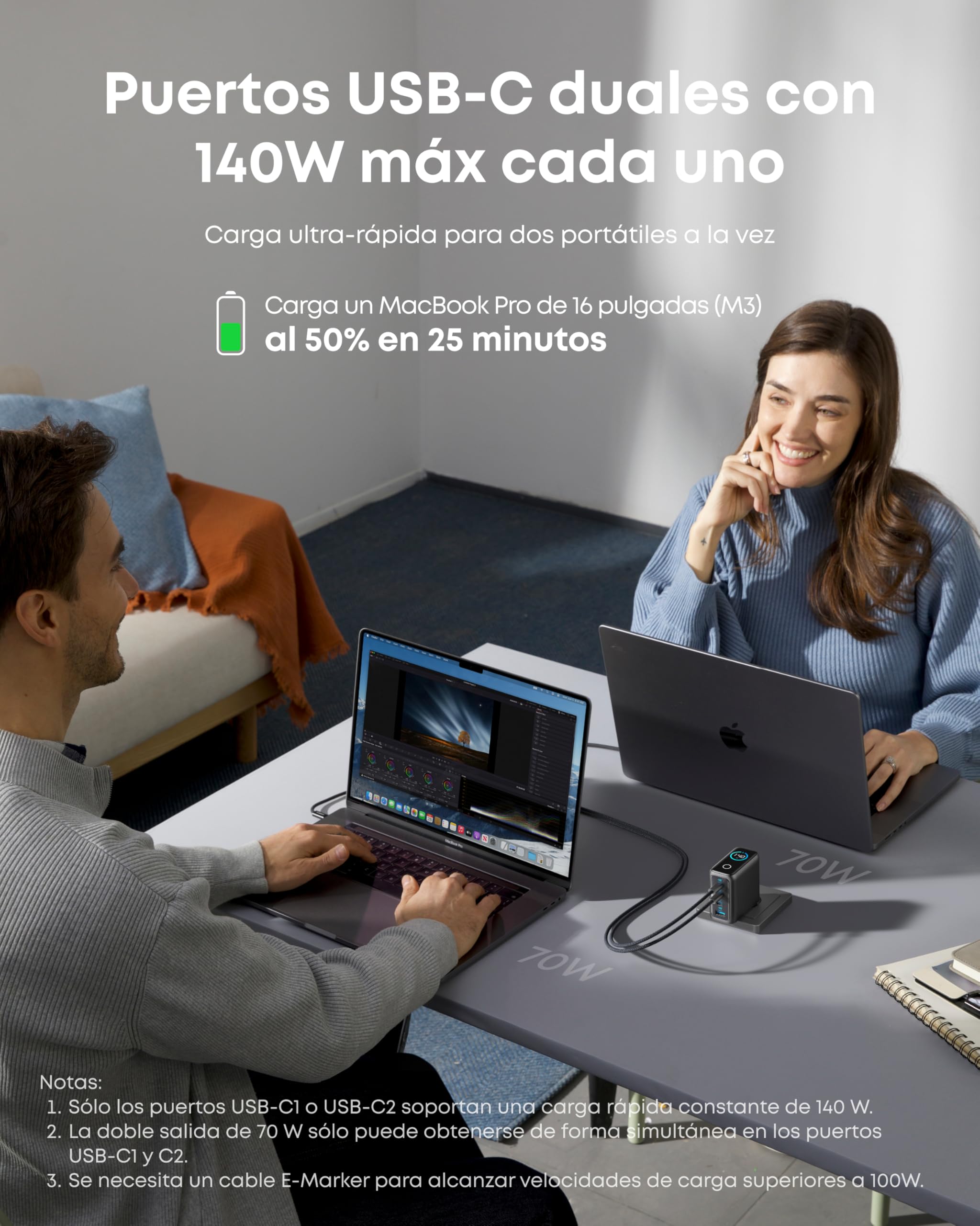 Anker Cargador USB C Carga Rapida 140W, Carga rapida de 4 Puertos, diseño intuitivo y Compatible con MacBook, iPhone 17/16/15 iPhone Air, Samsung, Pixel y más