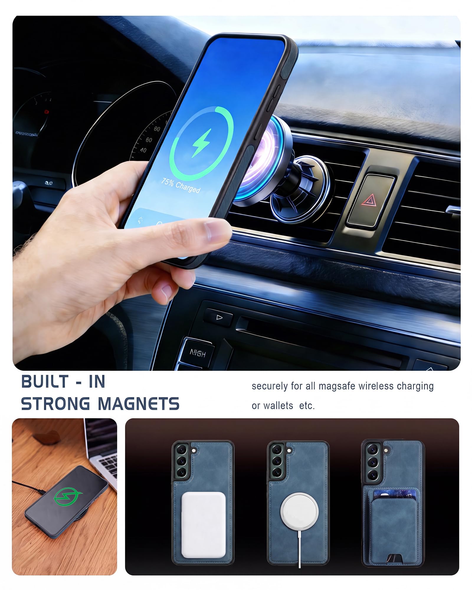 Custodia a portafoglio magnetica staccabile per Samsung Galaxy S22 con cavalletto, 2 in 1 compatibile MagSafe con blocco RFID, custodia sottile in pelle PU blu