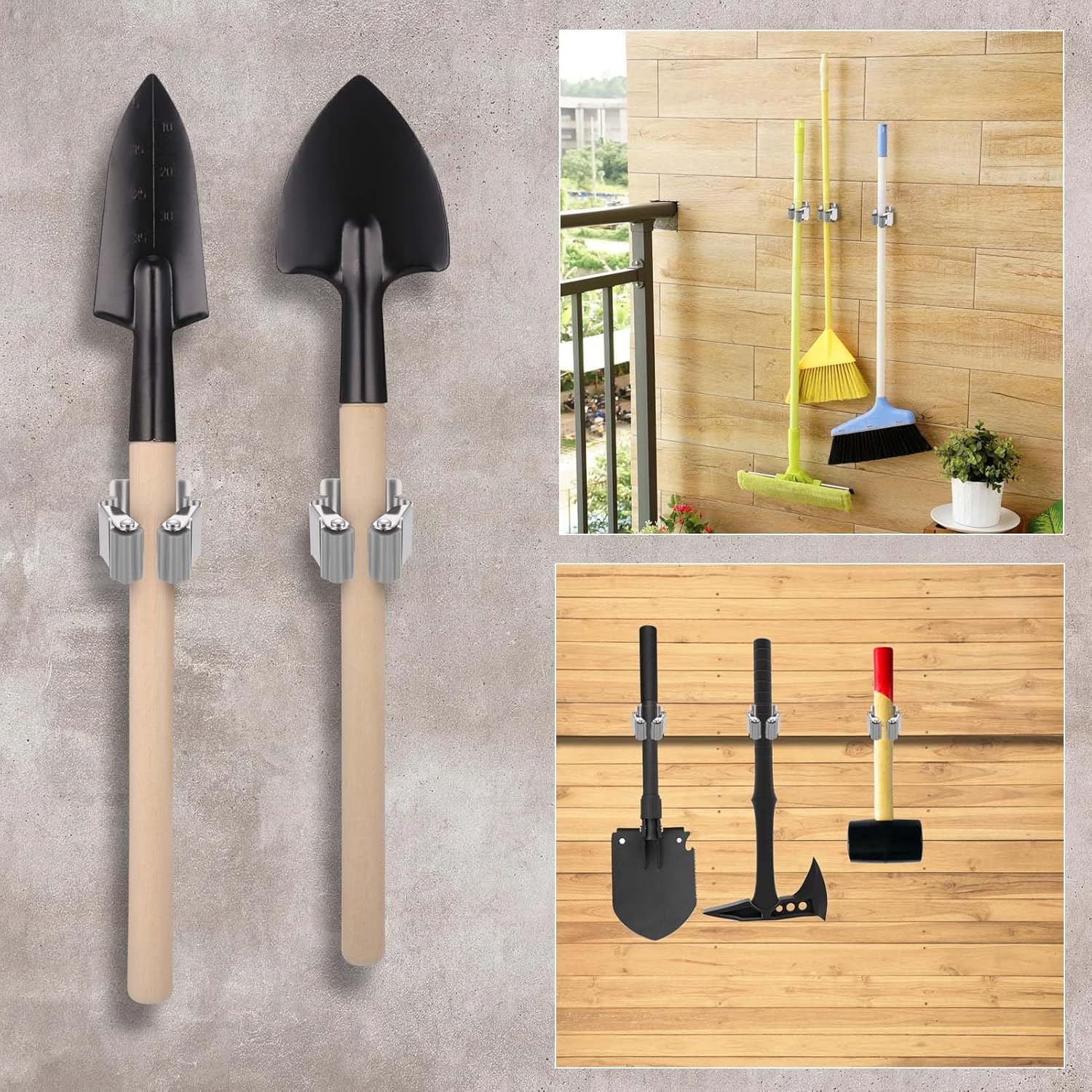 KAHEIGN 12 Pezzi Porta Scope in Acciaio Inox, Supporto per Mocio da Parete Gancio per Utensili Resistente con Ingranaggio in Silicone Antiscivolo per Cucina Bagno Armadio Giardino Garage