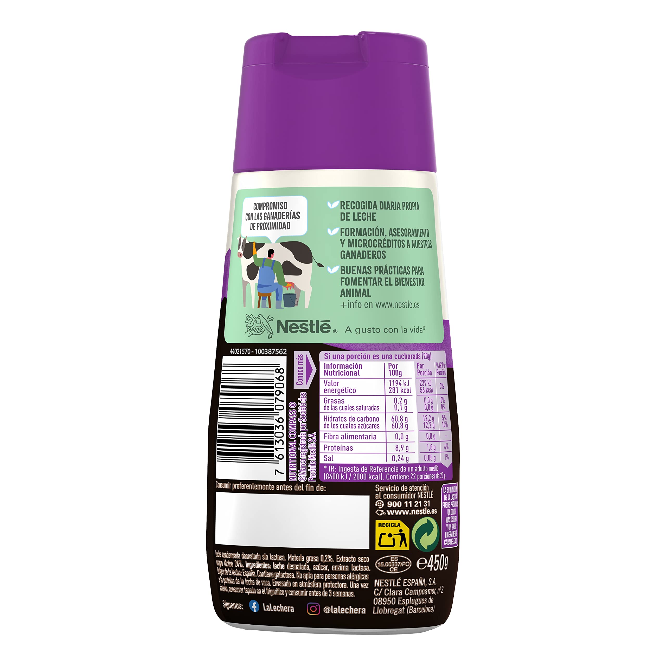 La Lechera Nestlé Leche condensada desnatada sin lactosa - Botella de Sirve Fácil Caja 8 x 450 g