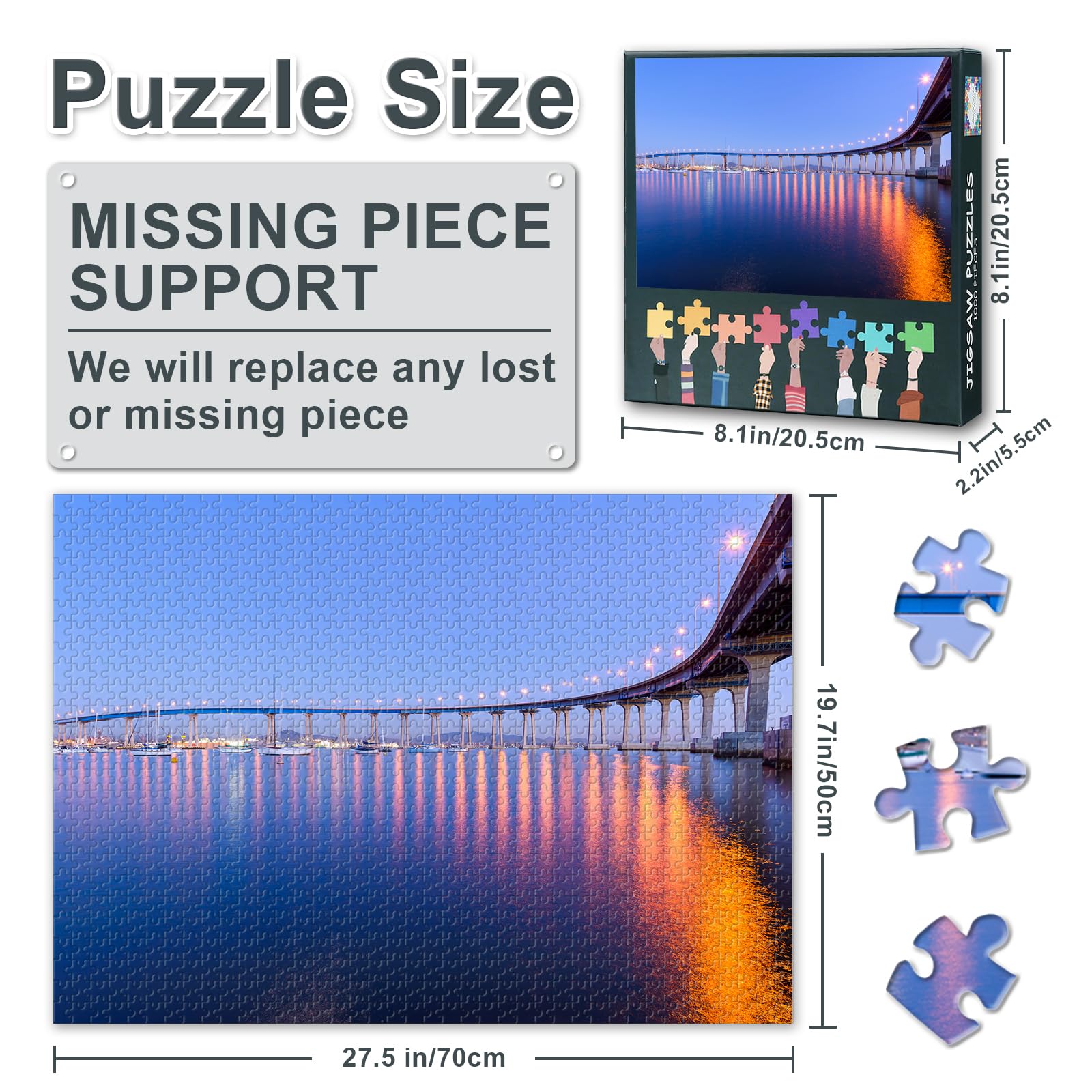 1000 Piece Jigsaw Puzzle for Adults Coronado Bridge at Dusk San Diego Bay California Scenic Cityscape Suspension Bridge Puzzle Wall Art Decor 27.5x19.7 Inch - Image 3