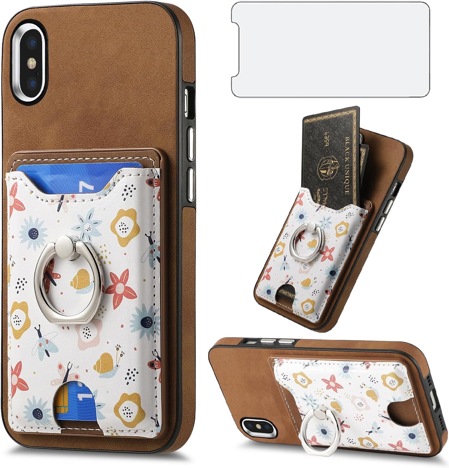 AsuwishPhone Case for iPhone Xs X 10 10s Wallet Cell Cover with Tempered Glass Screen Protector Slim Ring Stand Credit Card Holder Slot iPhoneX iPhoneXs iPhone10 i PhoneX SX 10x 10xs X’s Women Brown