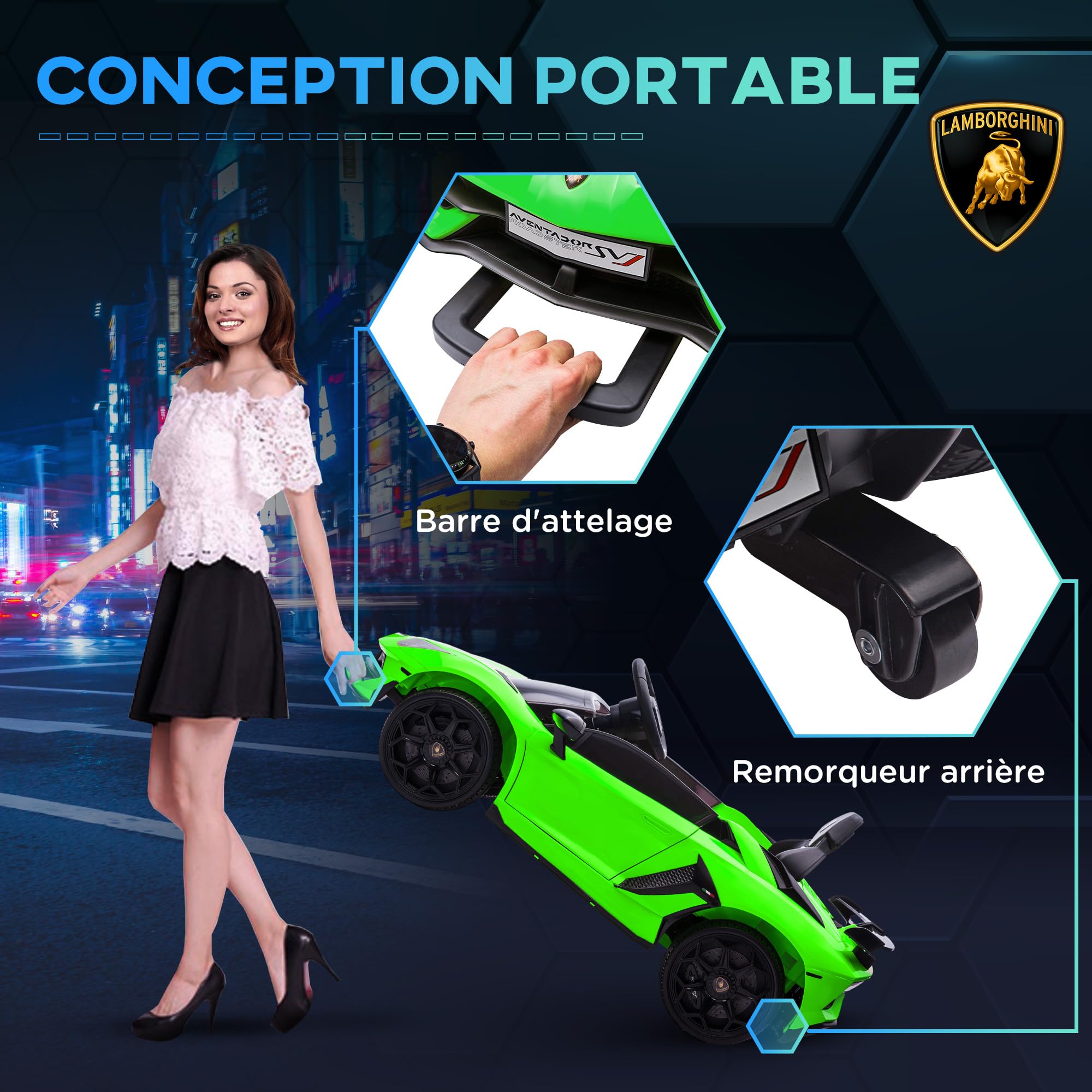 HOMCOM Voiture Électrique pour Enfants 12V, Portes Papillon, USB, Vert | Licence Lamborghini Aventador SVJ, Télécommande LED, Musique, Vitesse 3-5 Km/H