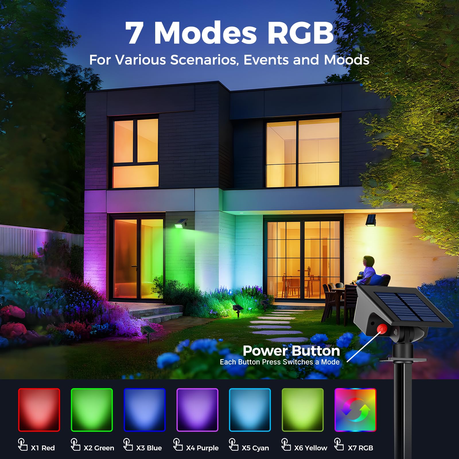 kolpop 4Stück RGB Solar Strahler, 7 Modes, 2-in-1, IP65 Wasserdicht, 800LM Bunt Außenleuchte, Dusk to Dawn Solarleuchten Gartenleuchten für Bäume, Outdoor Pflanzen, Hof