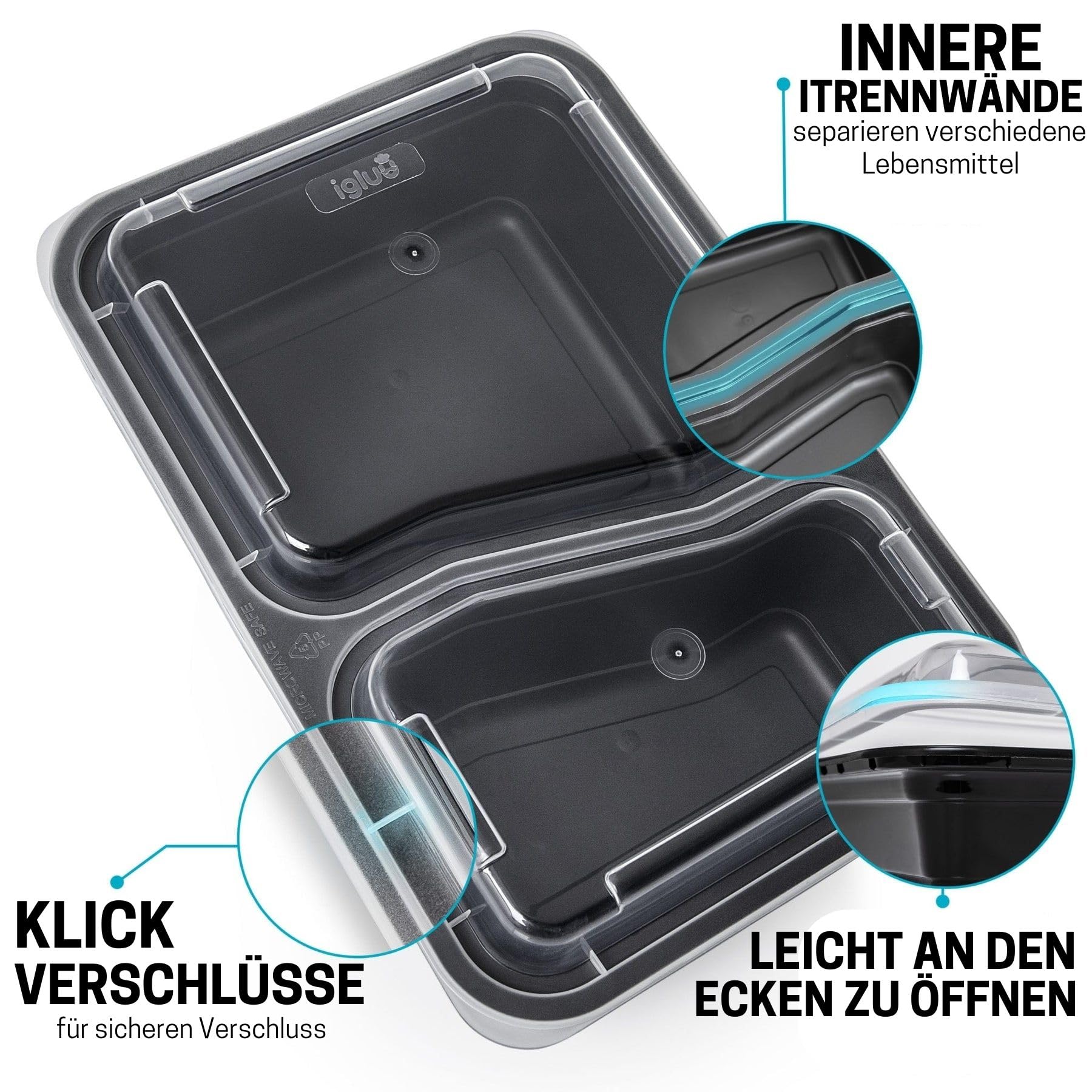 Igluu Meal Prep Boxen mit Deckel (10er-Pack) - wiederverwendbar, mikrowellen-, gefrier-, spülmaschinengeeignet, stapelbar - 887ml Fassungsvermögen - 2 großes Fach - aus BPA-freiem Kunststoff