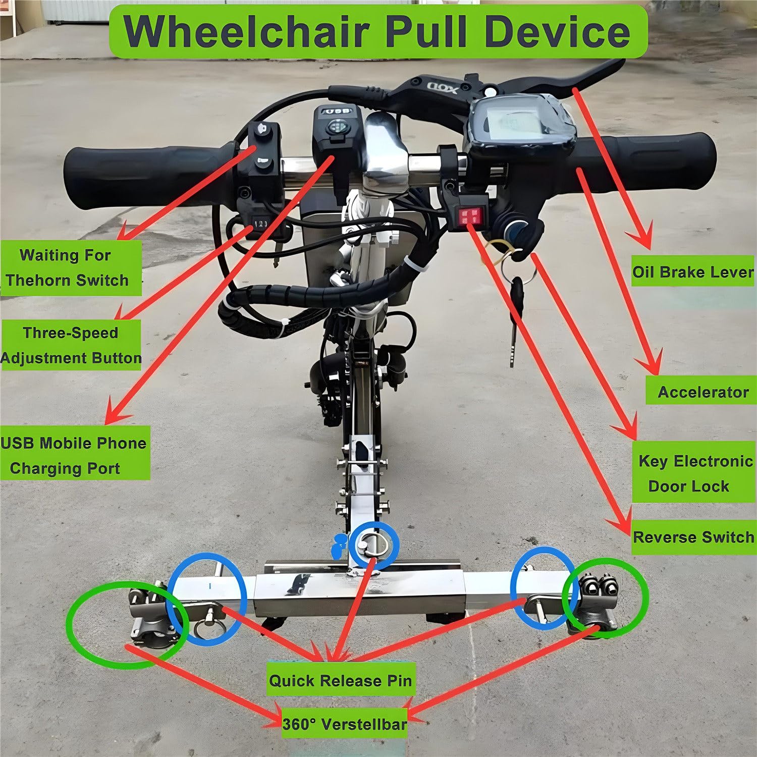 Dispositivo eléctrico de tracción para silla de ruedas con amortiguador, accesorio para bicicleta de mano, 500 W, 3 velocidades ajustables, rango de 60-70 km
