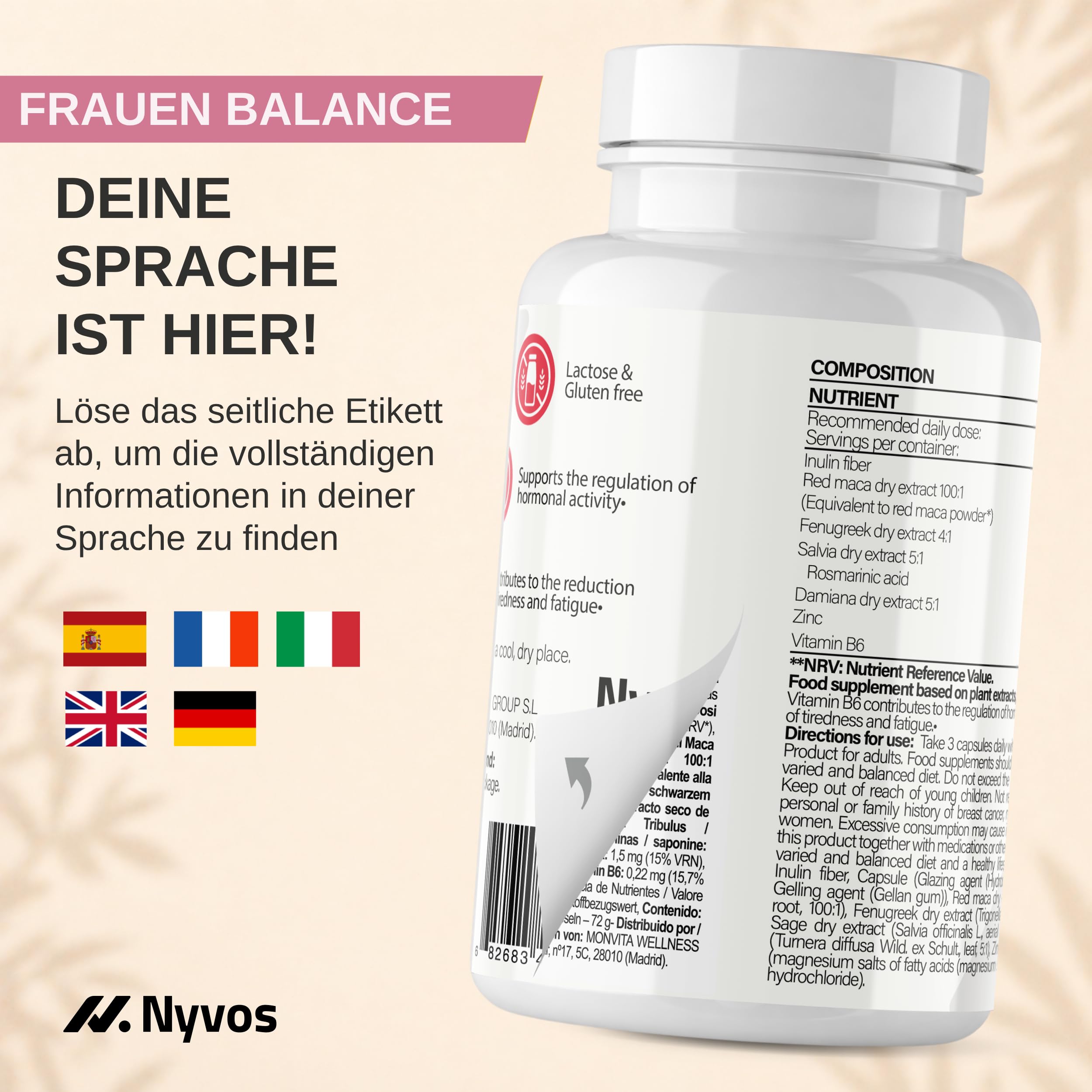 Shatavari SRI-81 Frauen | Balance und Vitalität in jeder Lebensphase | Mit Vitamin B6 und Zink | Patentierter Extrakt >10% Shatavarinen HPLC | Vegan, ohne Gluten und Laktose | Nyvos 120 Kapseln