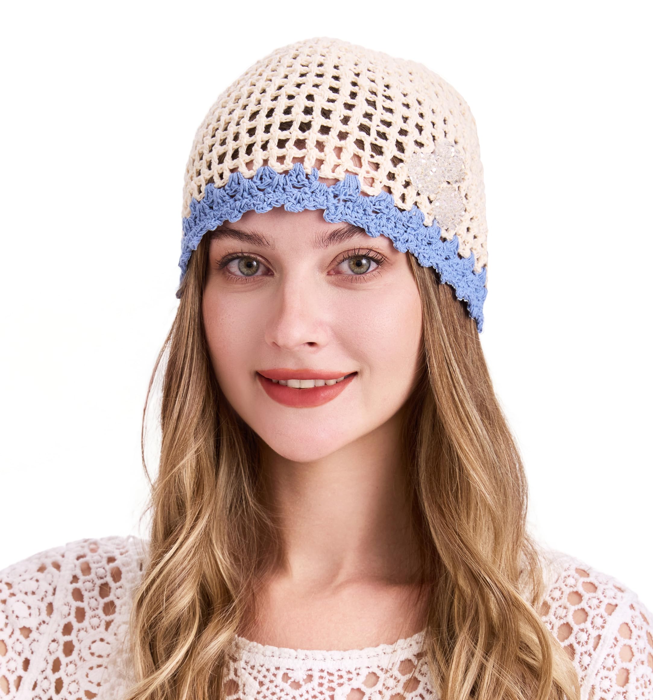 ZLYC Women Cotton Crochet Skull Cap Handmade Knit Cutout Floral Beanie Hat(Knit Beige and Blue),One Size