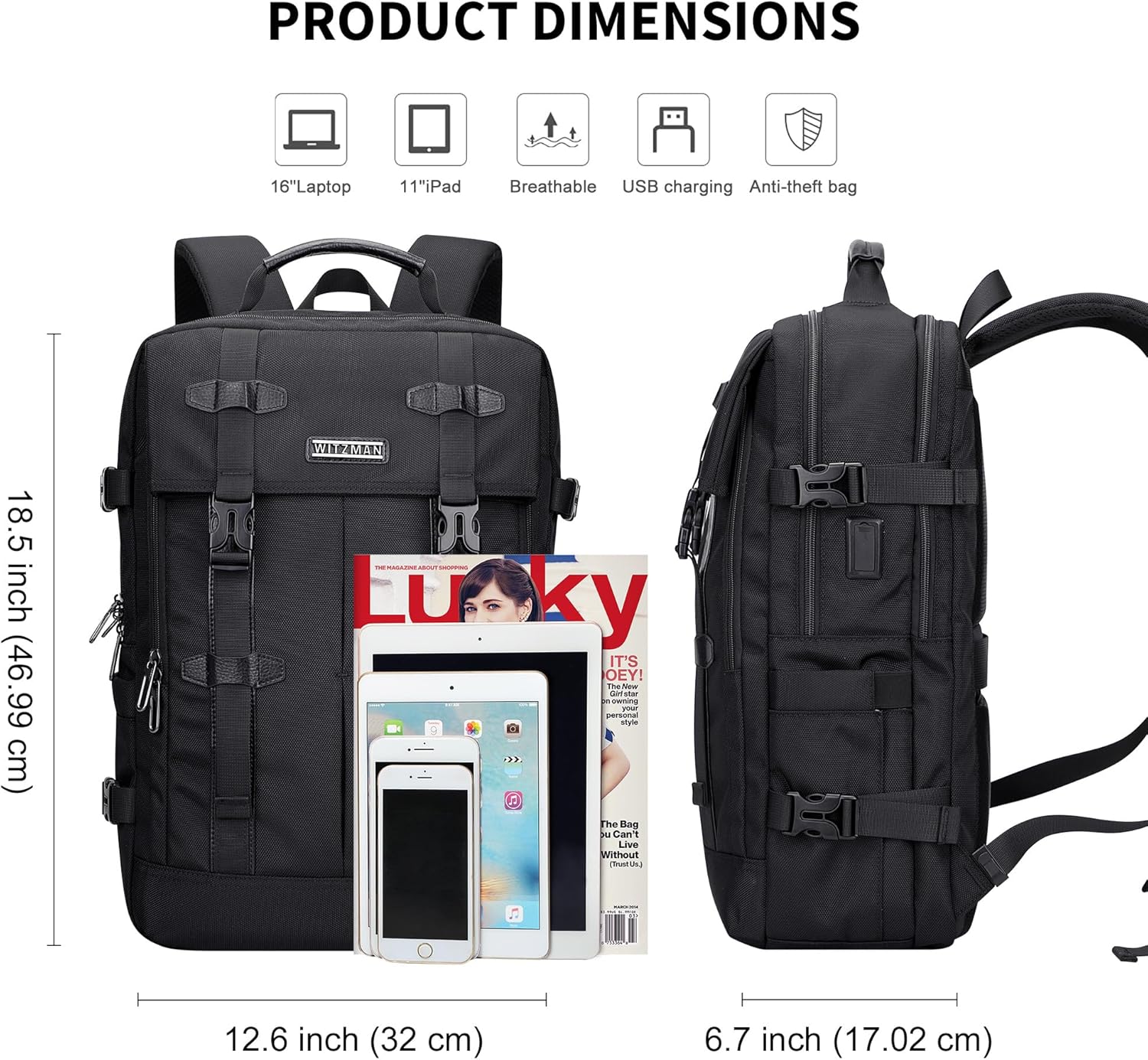 WITZMAN Travel Laptop Backpack for Men Fit 16 inch Computer Carry-on Airline Approved with USB Charging Port(B716 Black) - Image 6