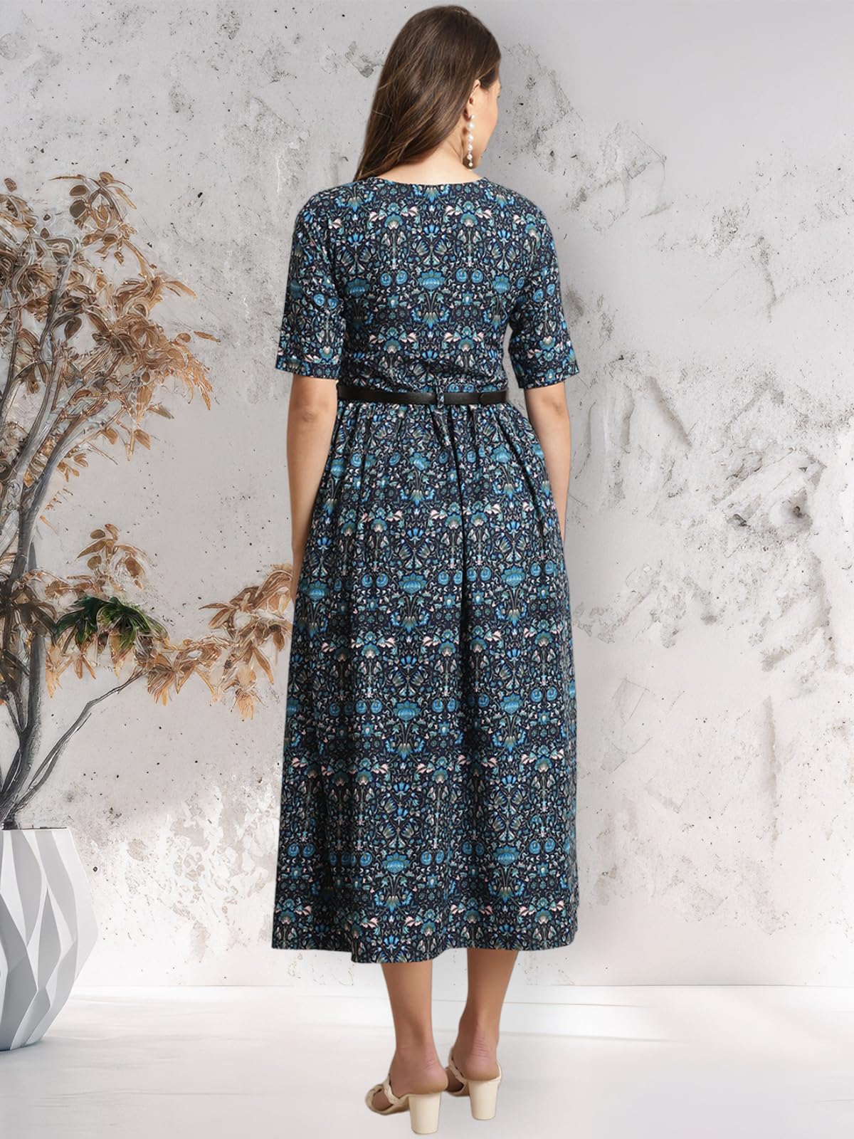 Preneum Women's Dark Blue Fit And Flare Printed Maxi Dress With Belt_105 (2Xl)