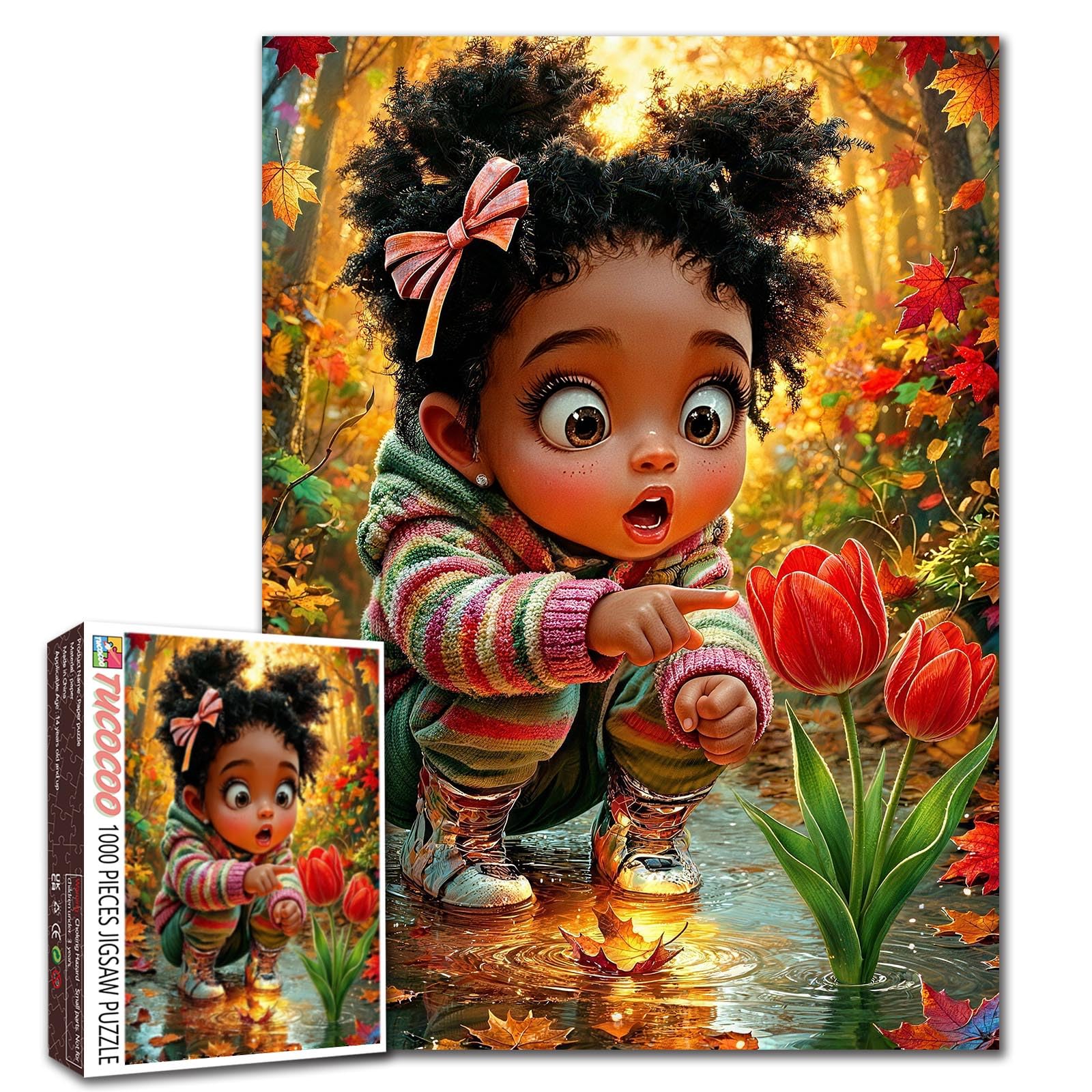 American Black Girl Jigsaw Puzzles 1000 Pieces for Adults, Family(Afro Child，Curious，Autumn Forest，Tulip) Pieces Fit Together Perfectly 19.7''x27.6''inch Frameable Joy Cheerful Fall Puzzle Art