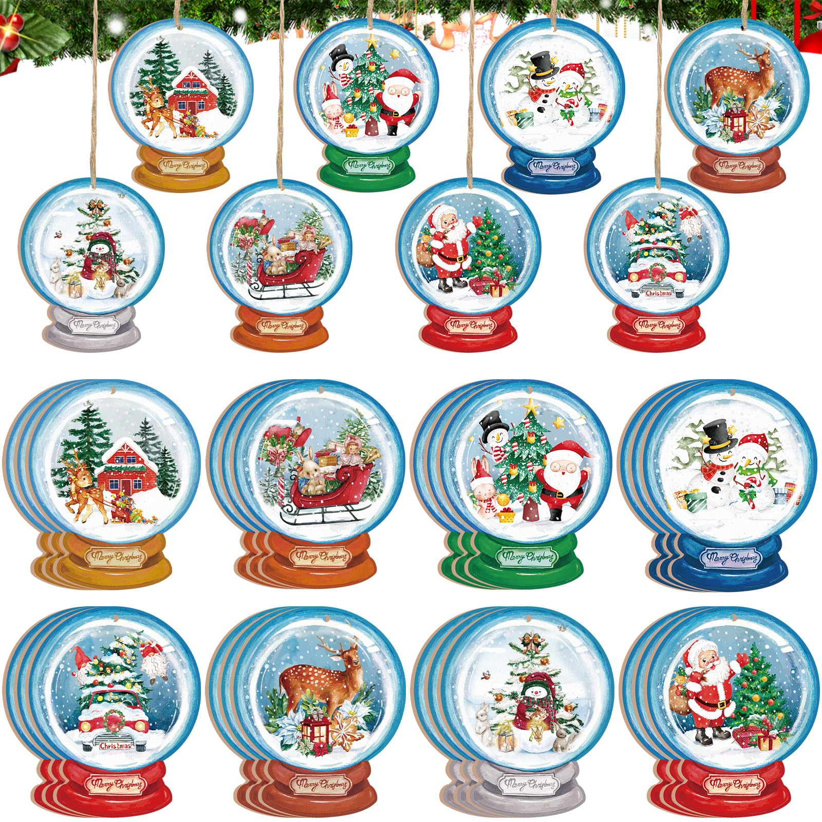 Beeveer 32 Pcs Winter Christmas Hanging Ornaments for Tree Vintage Christmas Wooden Ornaments Watercolor Santa Snowman Deer Signs Retro Decor for Xmas Tree Gifts Holiday Party Supplies