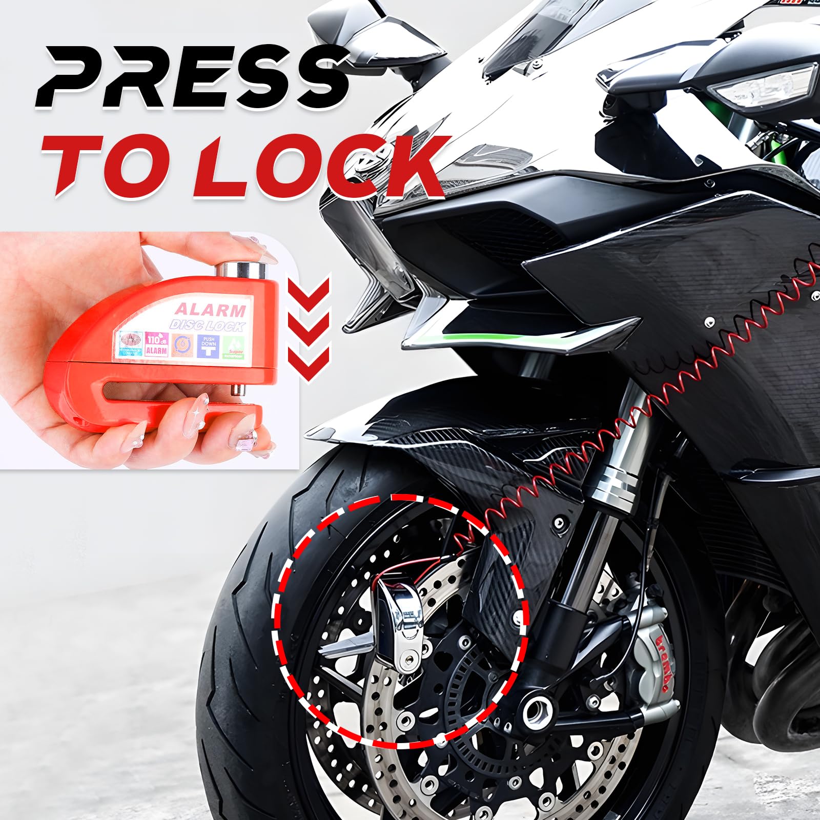 Motorcycle Alarm Disc Brake Lock - 110dB Anti-Theft Heavy Duty Disc Lock with 5ft Reminder Cable, Waterproof Motorbike Wheel Lock for Scooter, Moped, Vespa, E-Bike, Dirt Bike - Red — view 2