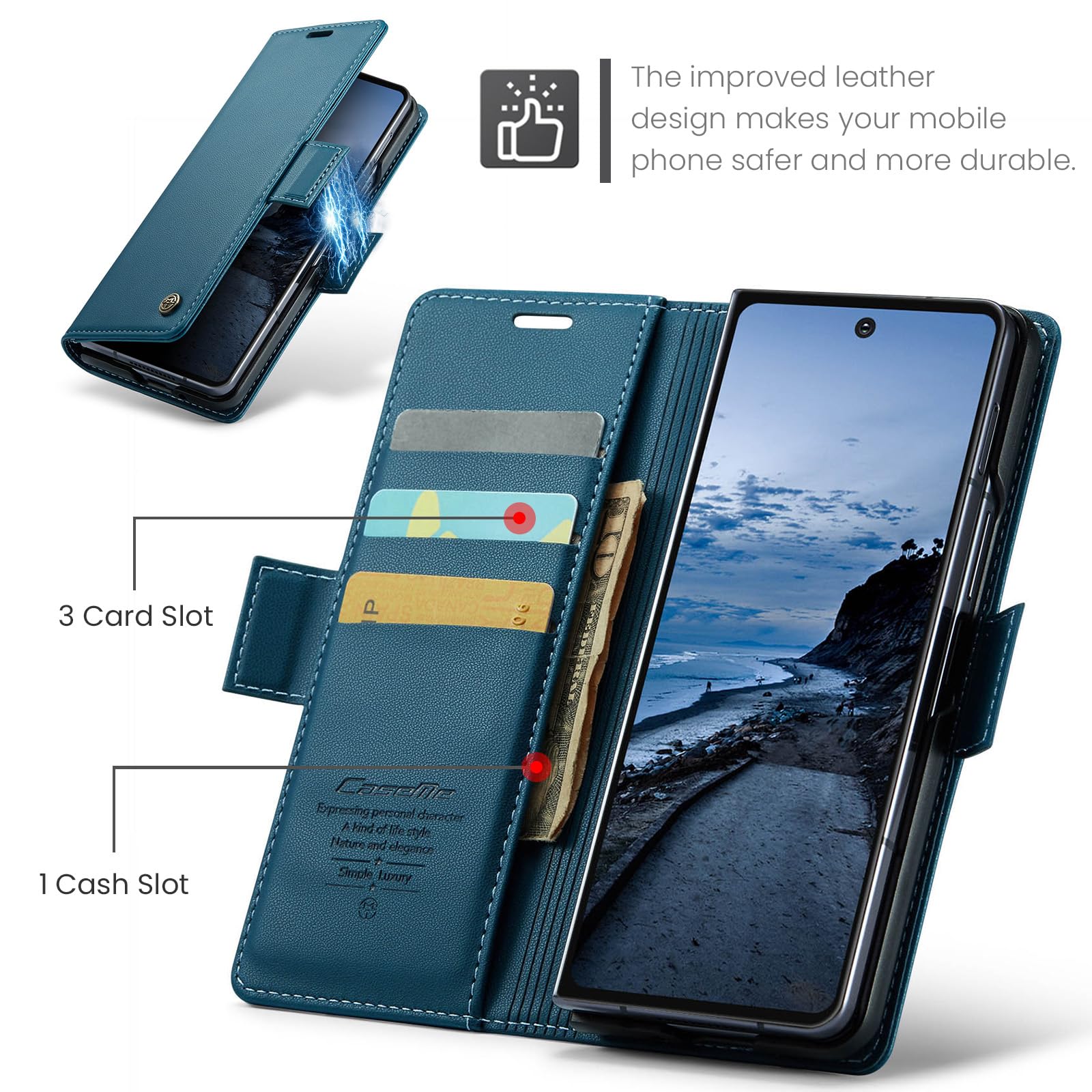for Samsung Galaxy Z Fold 7 Case, Premium PU Leather Wallet Case Flip Cover with [RFID Blocking][Card Holder][Stand Function] Shockproof Protective for Samsung Galaxy Z Fold 7, Blue — view 3