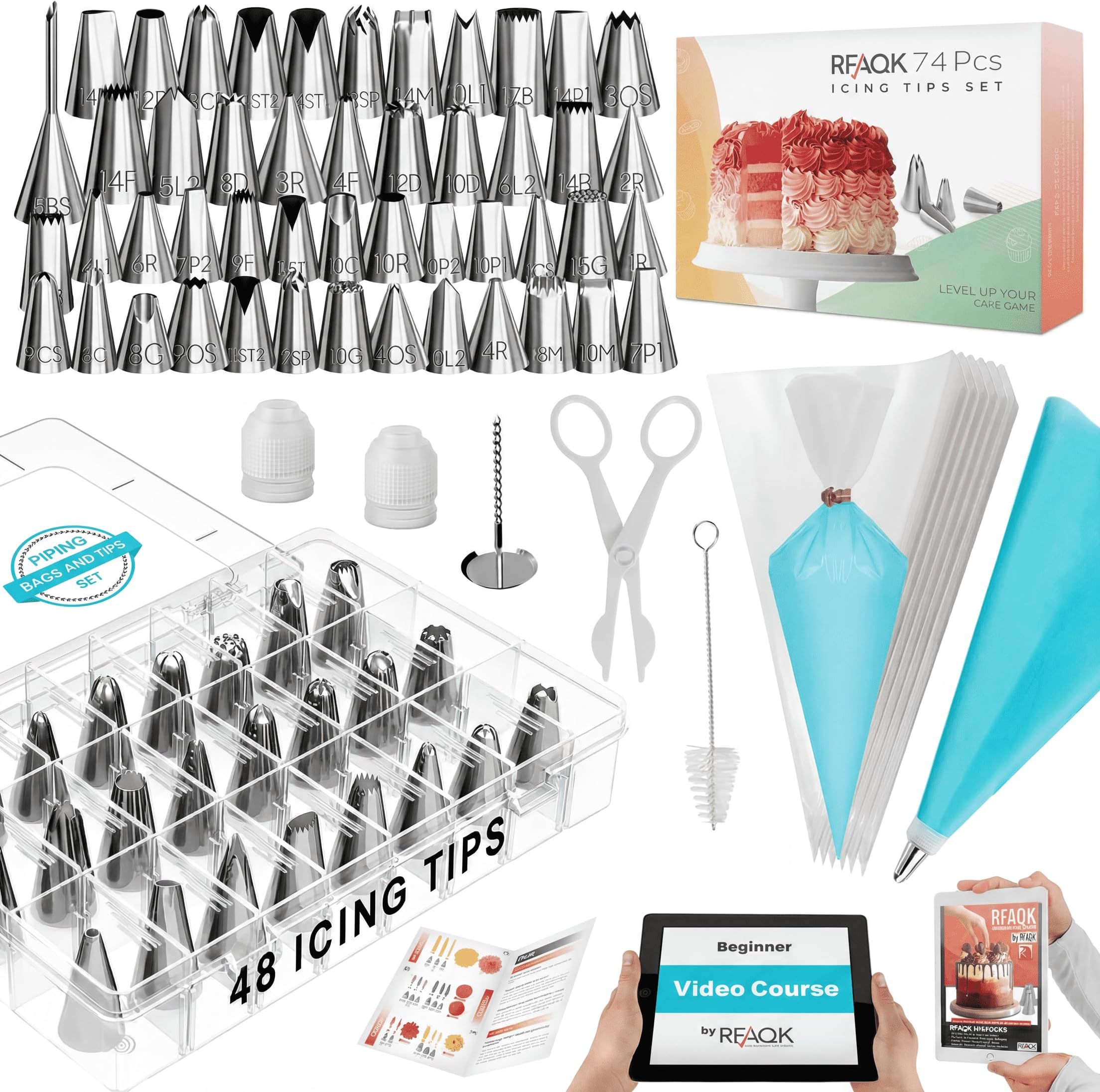 74PCs Icing Piping Bags and Tips Set-Cookie,Cupcake Icing Tips Cake Decorating Kit Baking Supplies -48 Numbered Cake Frosting Piping Tips with Reusable& Disposable Pastry Bags with Pattern Chart&Ebook