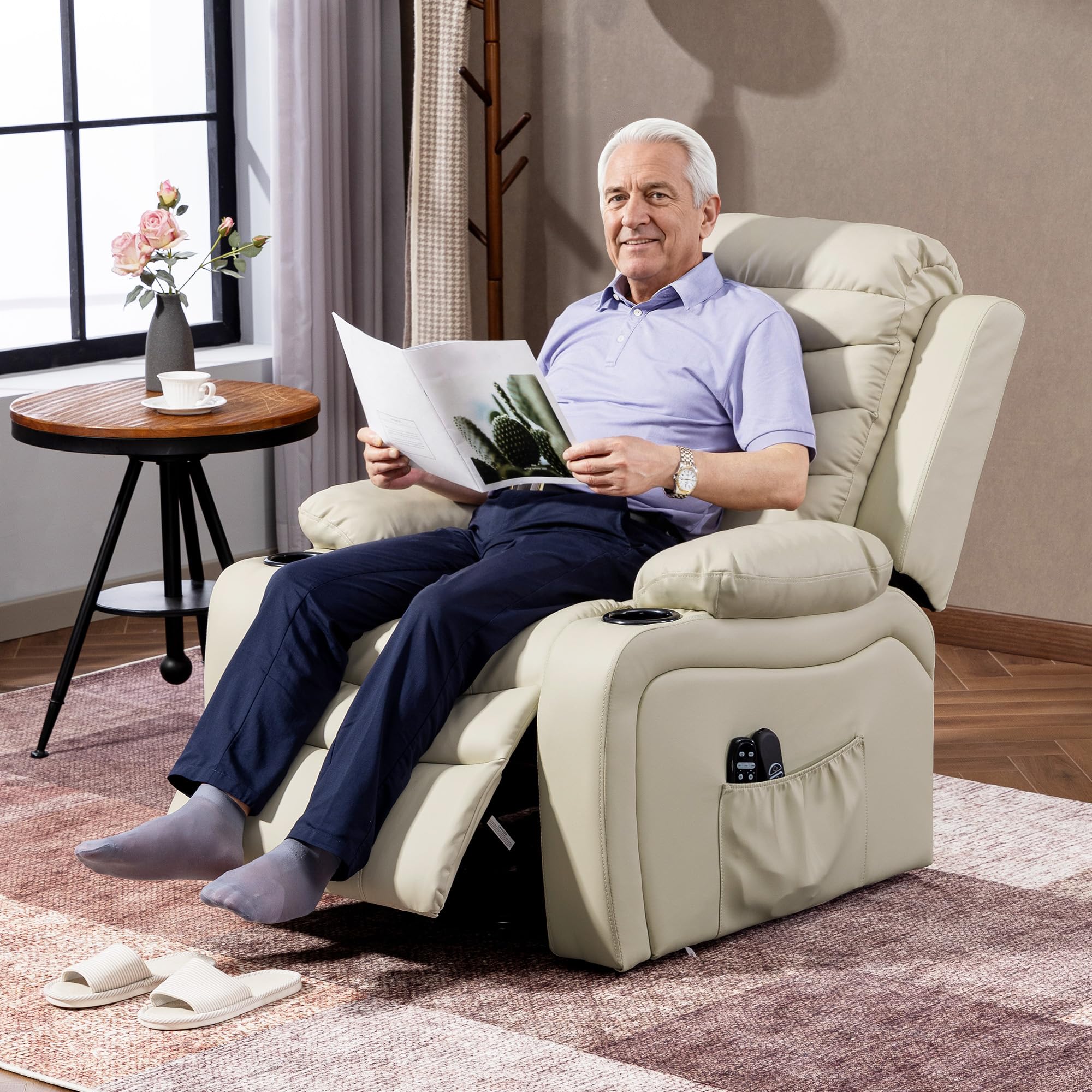 HOMCOM Sillón Relax Reclinable Eléctrico Levanta Personas, con Masaje Vibratorio y Calor, Sillón Elevador, con Puerto USB, Control Remoto, Reposapiés, Tapizado en PU, Bolsillos, Portavasos, Crema