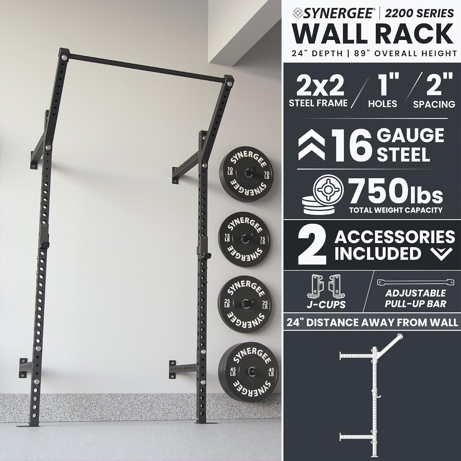 Synergee 2200 Series 79" Wall Mounted Squat Rack with J-Cups & Adjustable Pull Up Bar. Exercise Stand with 750lb Capacity. Free Standing Strength & Bodyweight Exercise Stand.