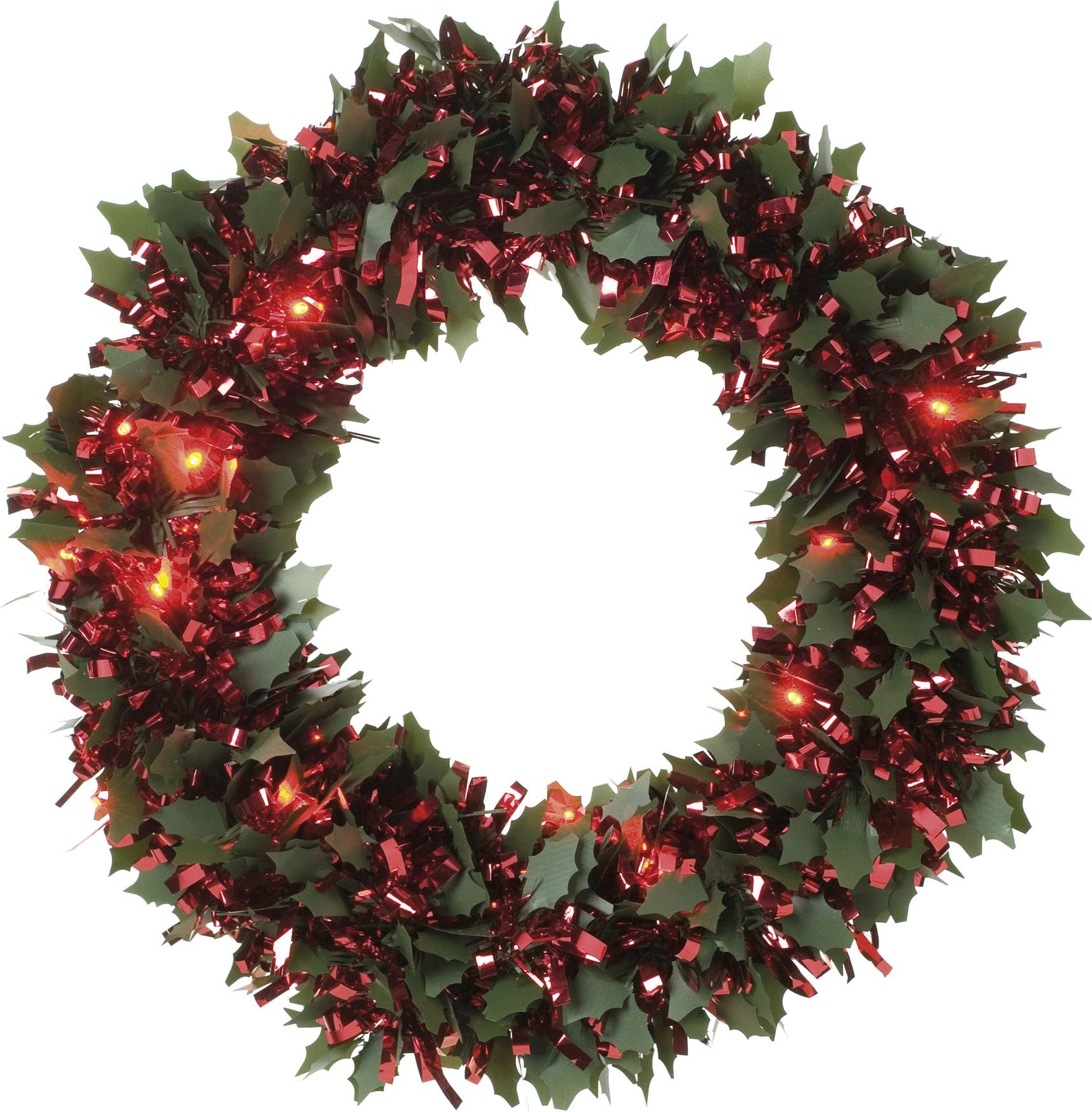 Festive 30cm die cut holly dark pine and red chunky loop tinsel wreath with 25 red battery operated led lights
