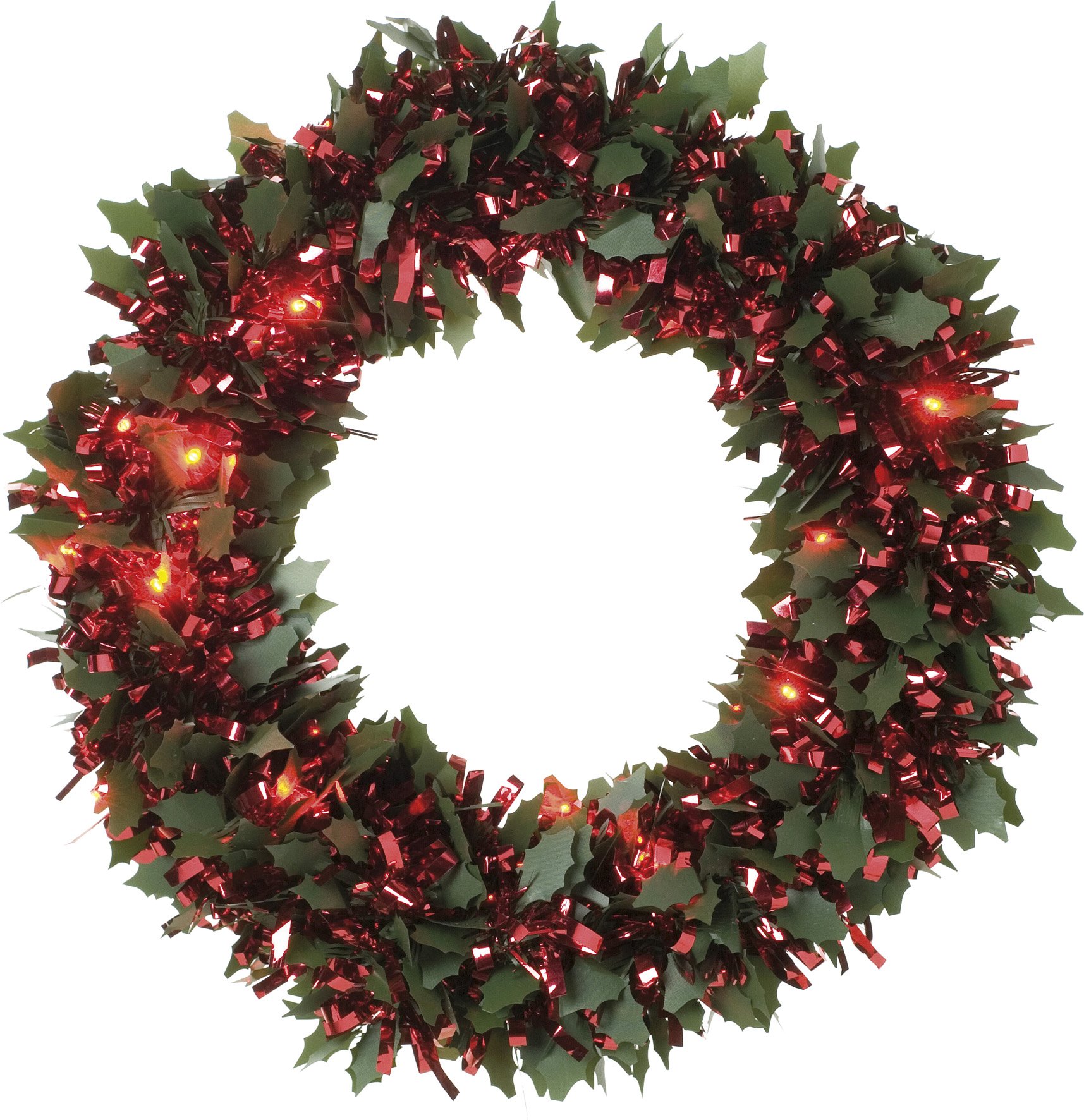 Festive 30cm die cut holly dark pine and red chunky loop tinsel wreath with 25 red battery operated led lights