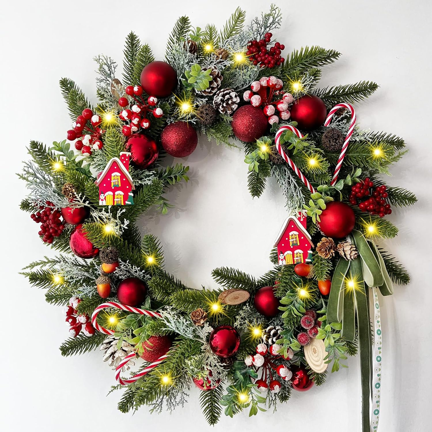 2 Pcs Christmas Wreath Decorations - 20" Christmas Wreaths for Front Door with Candy Canes Christmas Ball Ornaments, Pine Cones Berries & Bow, Christmas Door Wreath for Indoor Outdoor Wall Decor 2 Pake