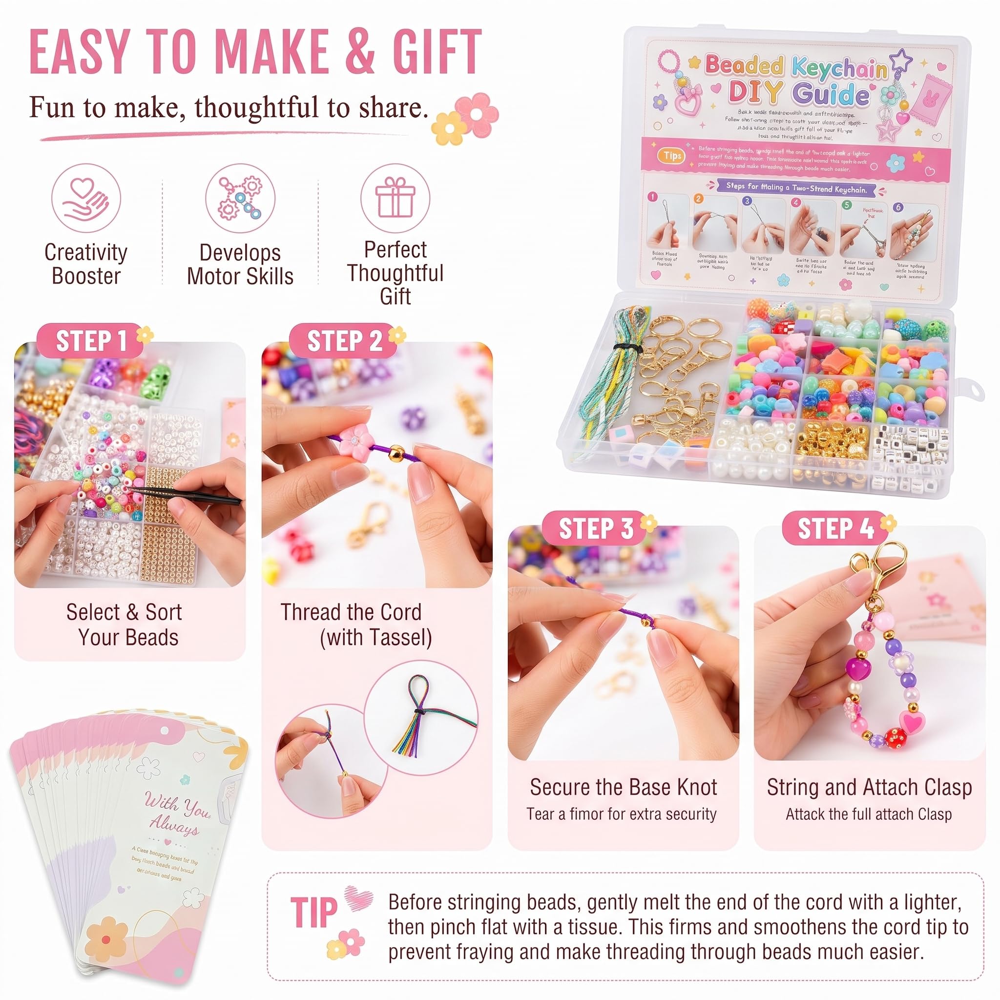 XZNBIAYA Kit di 1000 portachiavi con perline, kit fai da te, kit per la creazione di portachiavi con perline in acrilico, cuore, fiore, alfabeto, portachiavi, kit per la creazione di gioielli