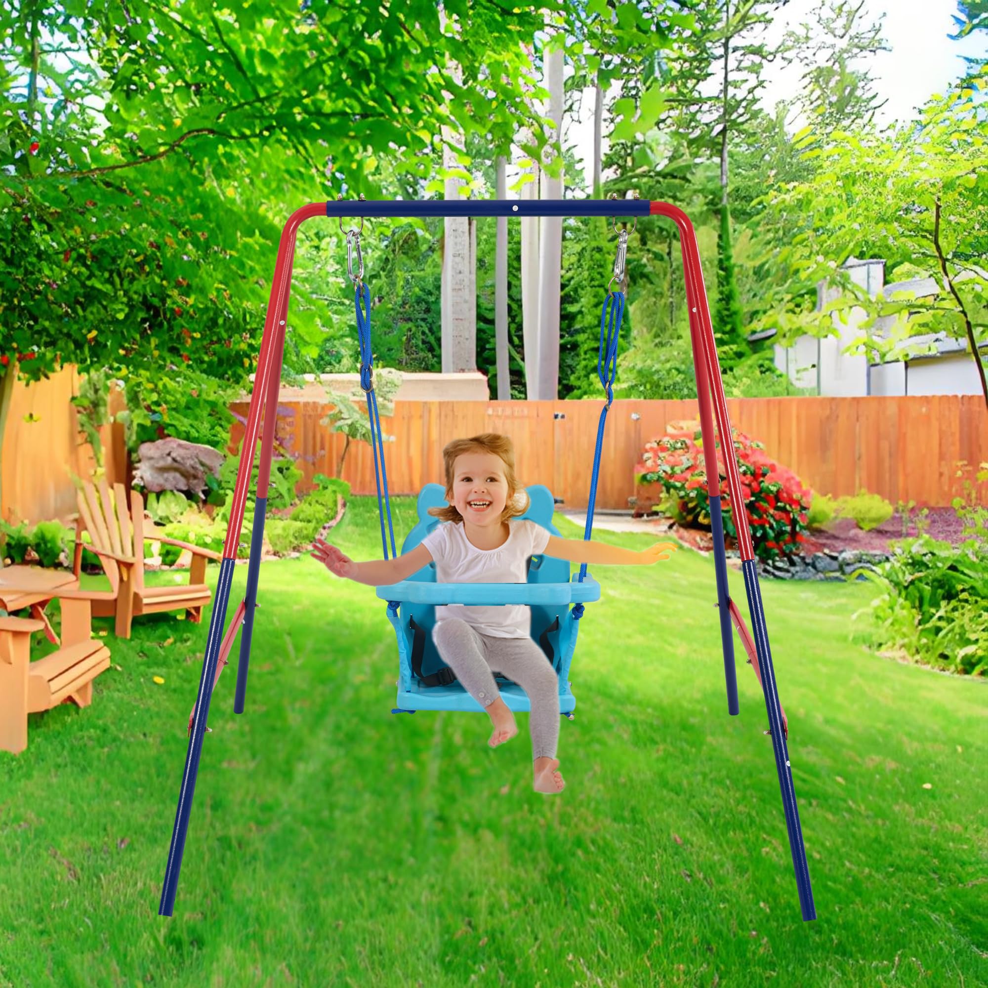 Wekuku Green & Blue 2-in-1 Baby Swing Set – Mental Plastic Safe Swing for Outdoor Playground, Holds 110lbs, Ages 3 + (Blue + Red)