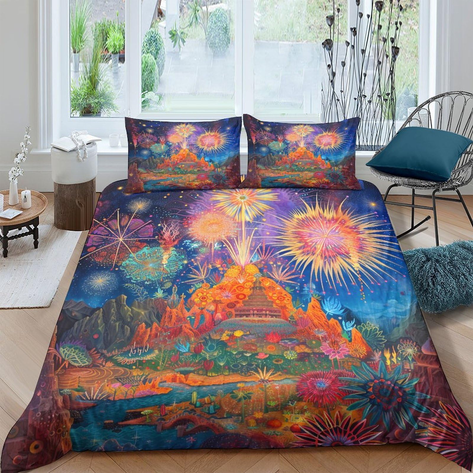 Ctjqhvkz Style-7 3D Printed Firework Fantasy Fitted Sheet Microfiber Soft Colorful Mountain Mattress Cover For Bedroom Guest Room Decor Single（135X200cm）