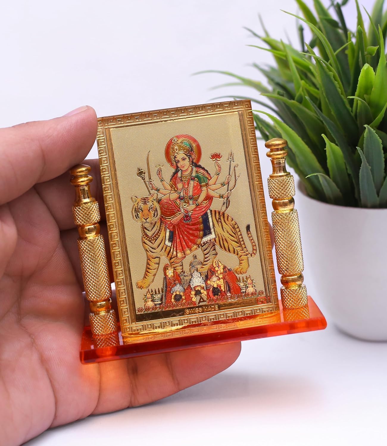 Plastic Hindu Goddess Maa Bhavani Mata Durga Vaishano Devi Sheronwali Acrylic Rectangular Frame For Home, Office & Car Temple, Gold, Tabletop - 3.15X1.18 Inch
